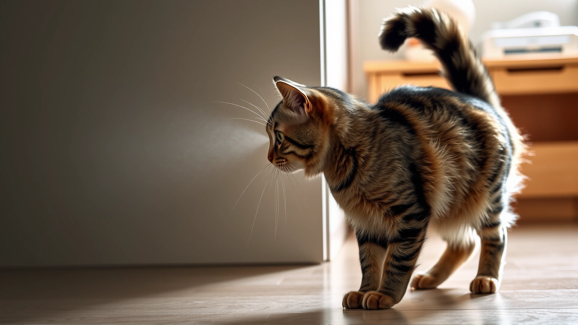 Side view of a tabby cat standing with tail held upright and slightly vibrating while spraying on a vertical surface, indoor setting, no text