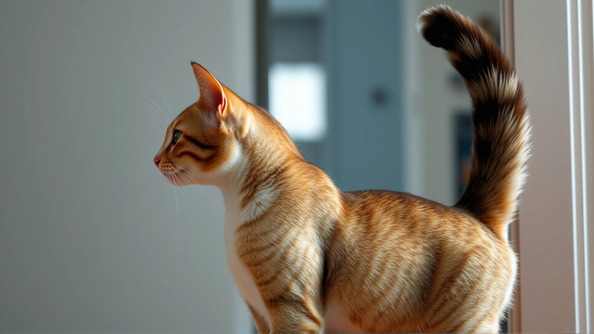 Side view of a female cat with tail up spraying urine on a vertical wall inside a house, captured mid-squirt, illustrating marking behavior.