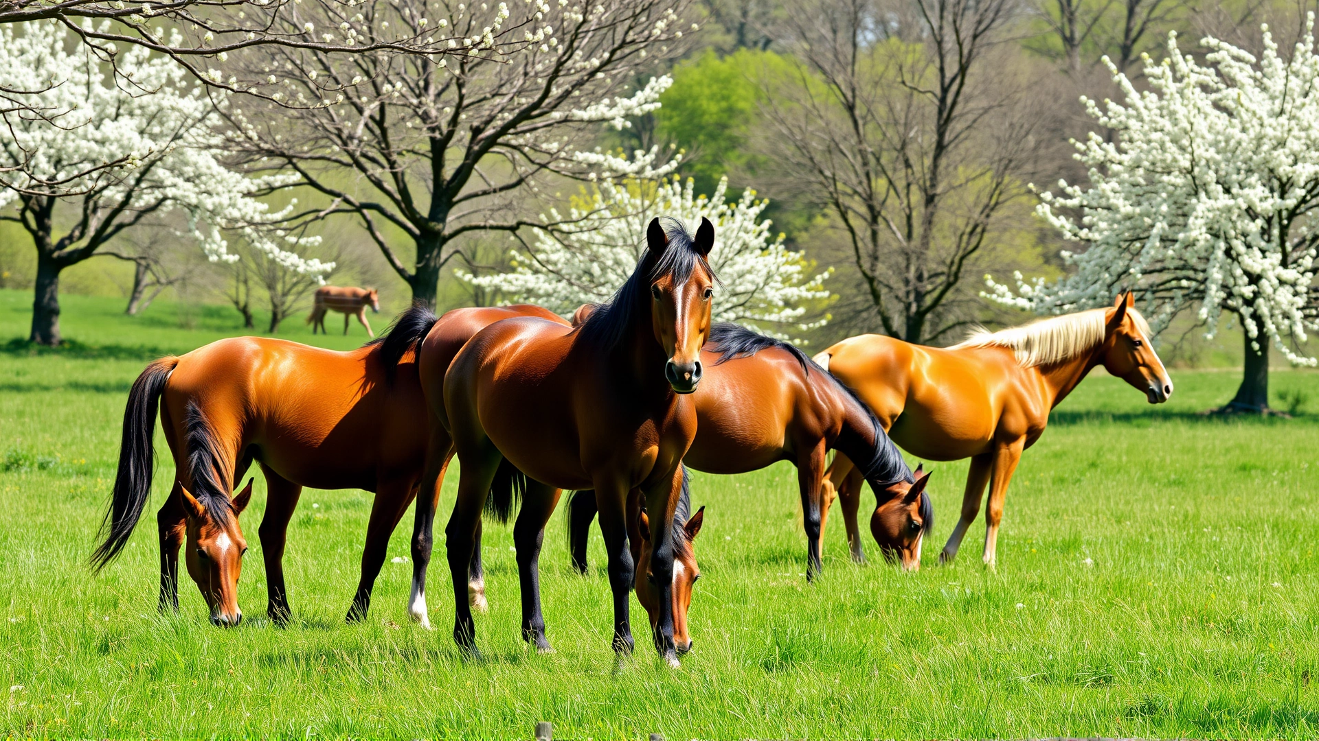 Group of mares grazing in a vibrant spring pasture with blossoming trees, illustrating the natural breeding season; bright daylight; no text.