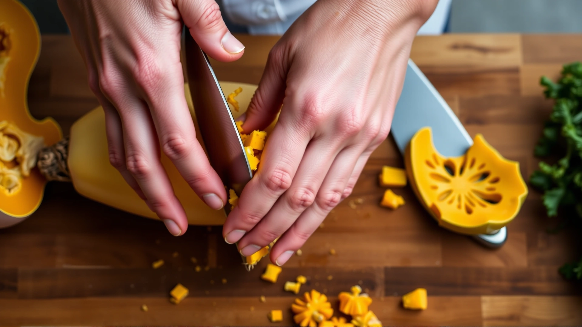Hands peeling and deseeding a fresh butternut squash on a wooden cutting board.