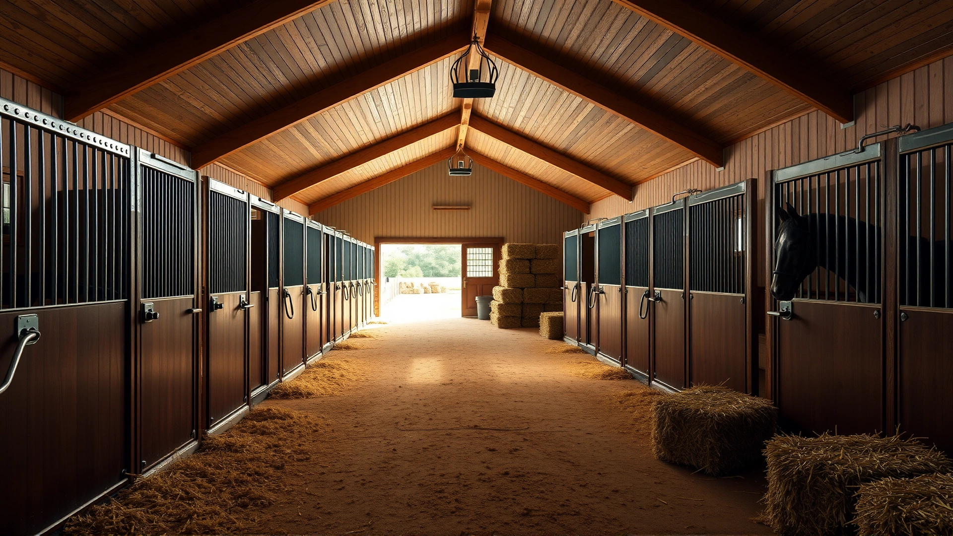 Interior view of a clean, well-lit horse stable with tidy stalls, fresh bedding, and hay bales neatly stacked.