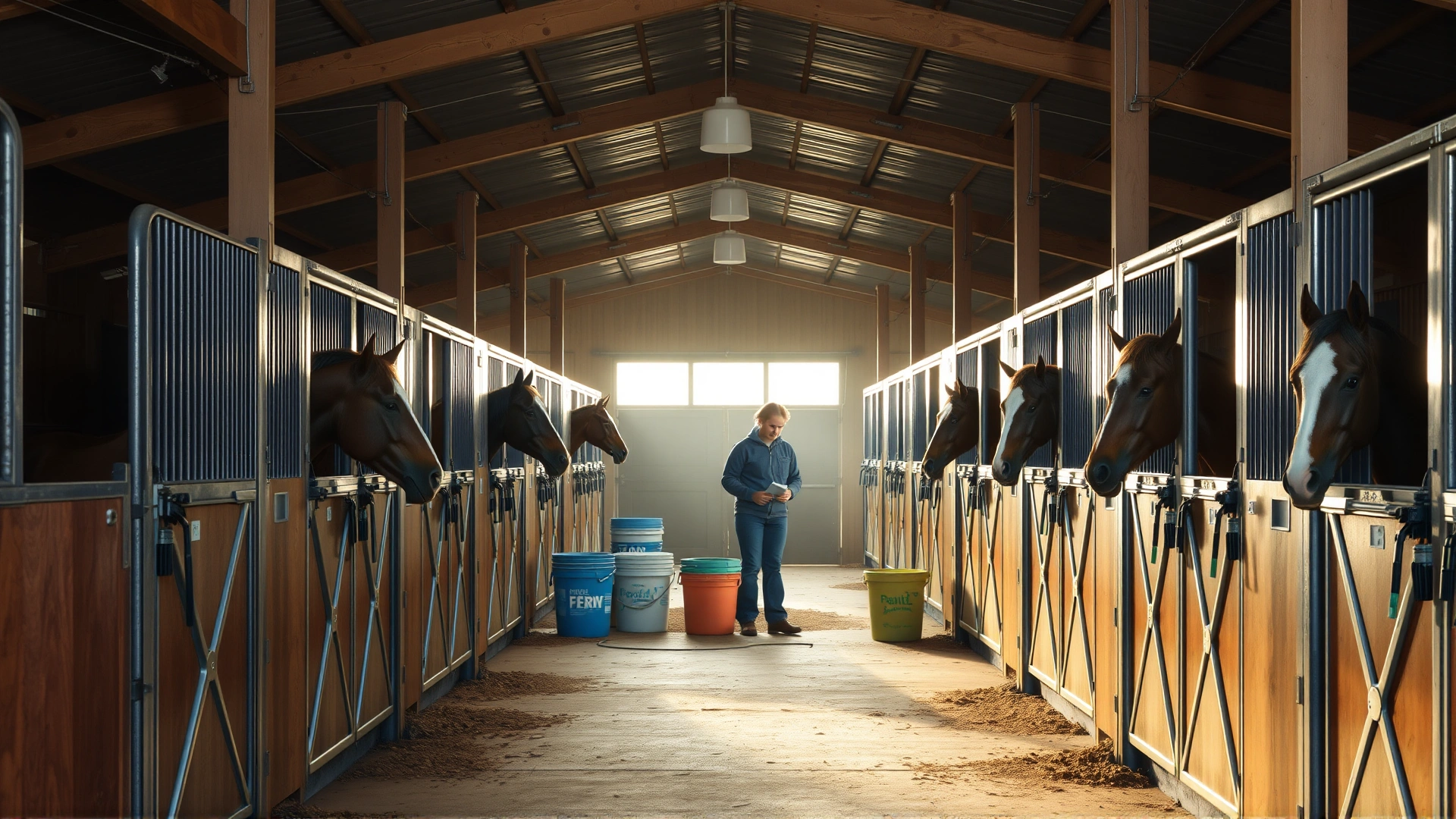 Wide shot of a clean, orderly stable interior with several horses in stalls and an owner preparing feed buckets in the background, soft morning light, no text.