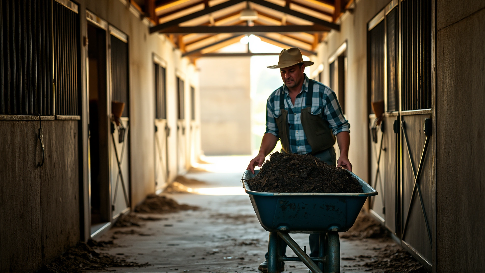 Stable worker in casual attire pushing a wheelbarrow full of manure out of a clean barn aisle, morning light filtering in.