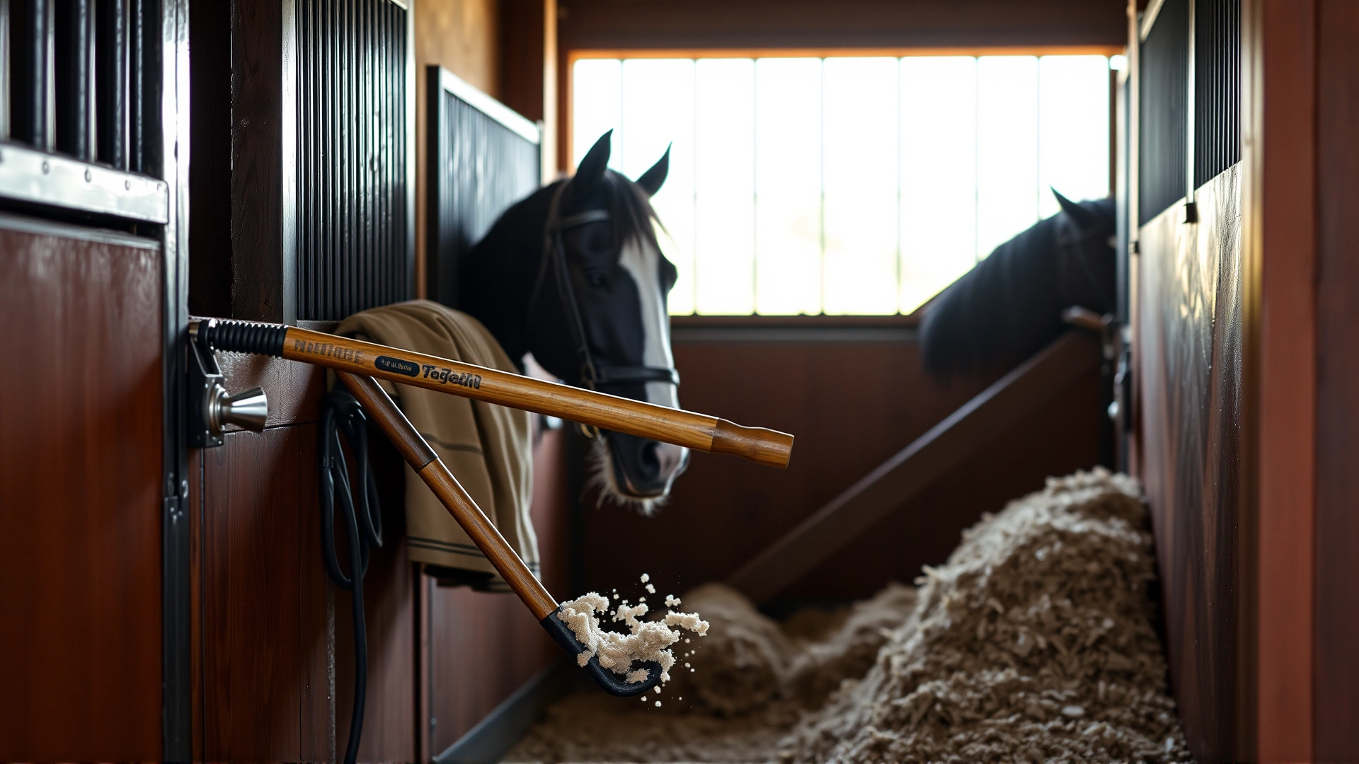 Person cleaning a horse stall with a pitchfork and fresh bedding, emphasizing stable hygiene