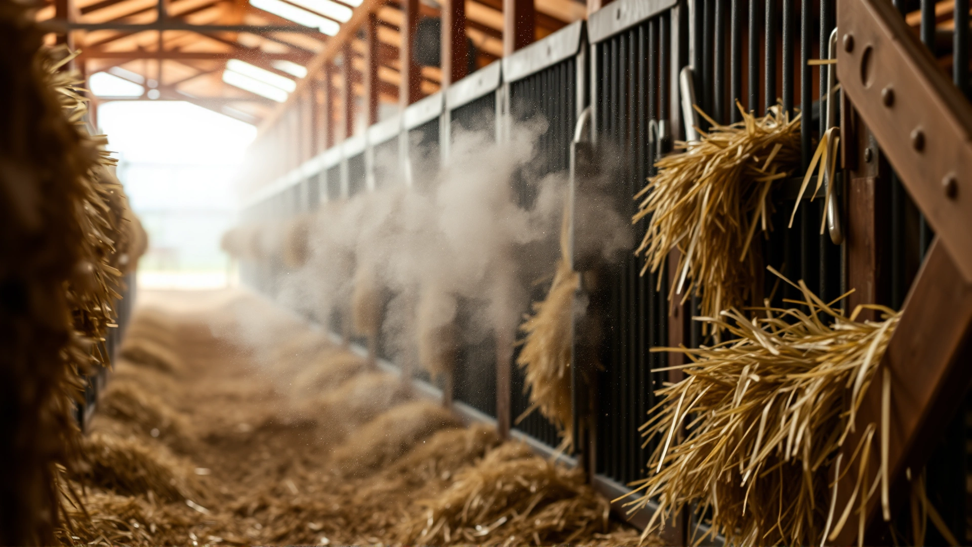 Close-up of hay being shaken in a barn aisle, creating visible clouds of dust that illustrate airborne allergens in stables.