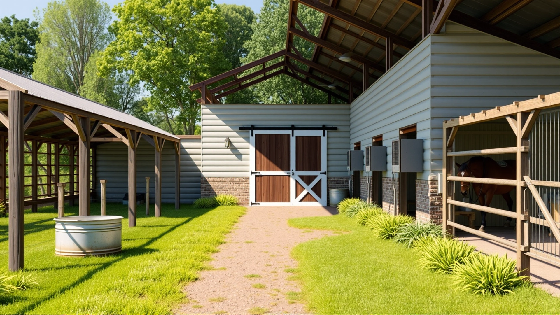 Well-maintained horse barn surrounded by trimmed grass, snake-proof fencing and elevated feed tubs, bright daylight, no text.