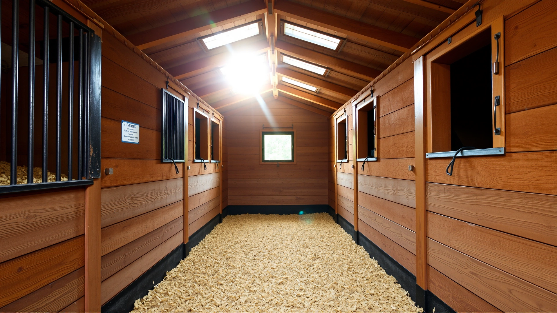 Clean, well-bedded horse stall with dry shavings, good ventilation and natural sunlight entering, wide-angle photograph.