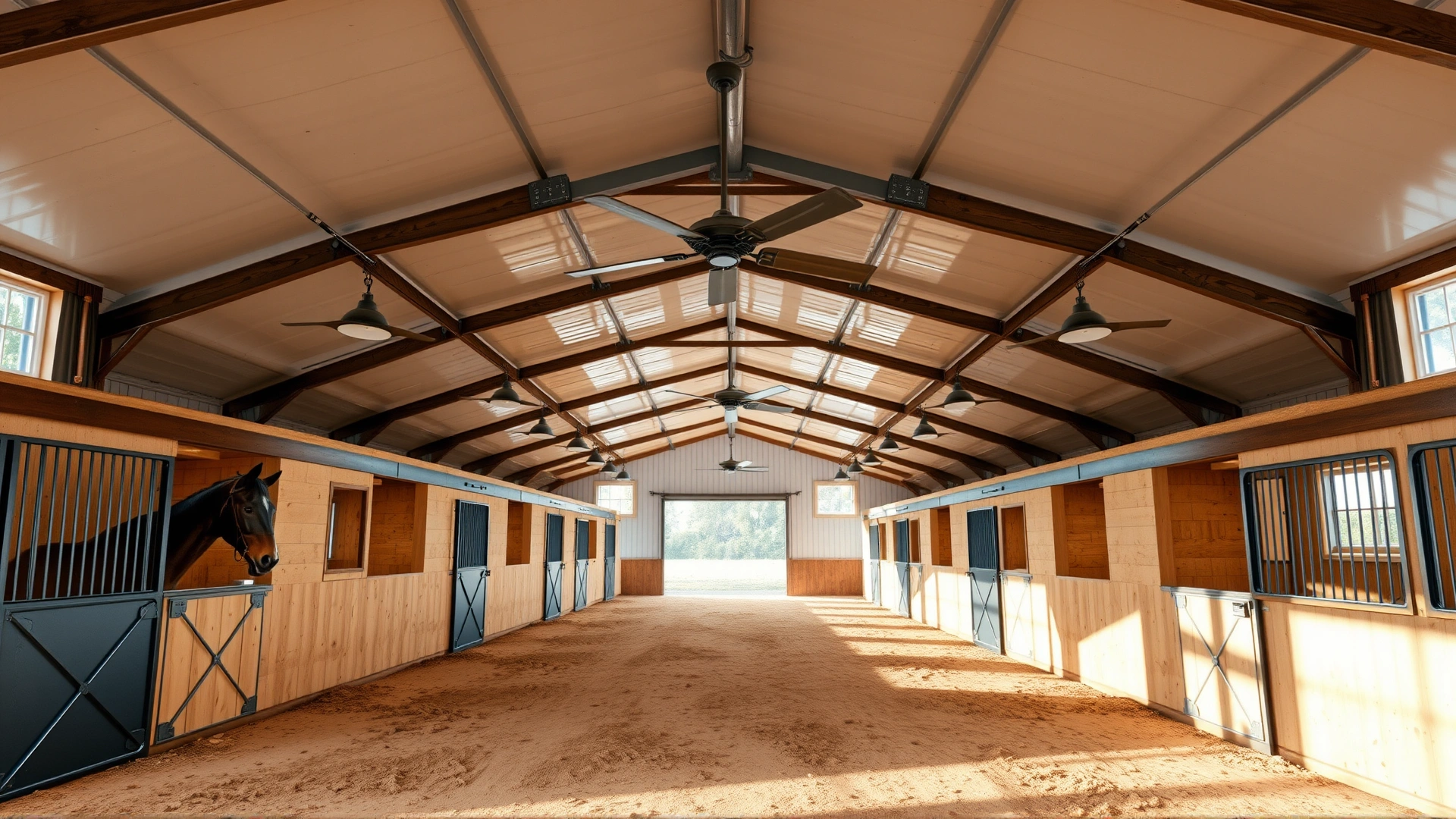 Wide-angle interior shot of a well-ventilated horse stable equipped with large ceiling fans and open windows, bright natural lighting