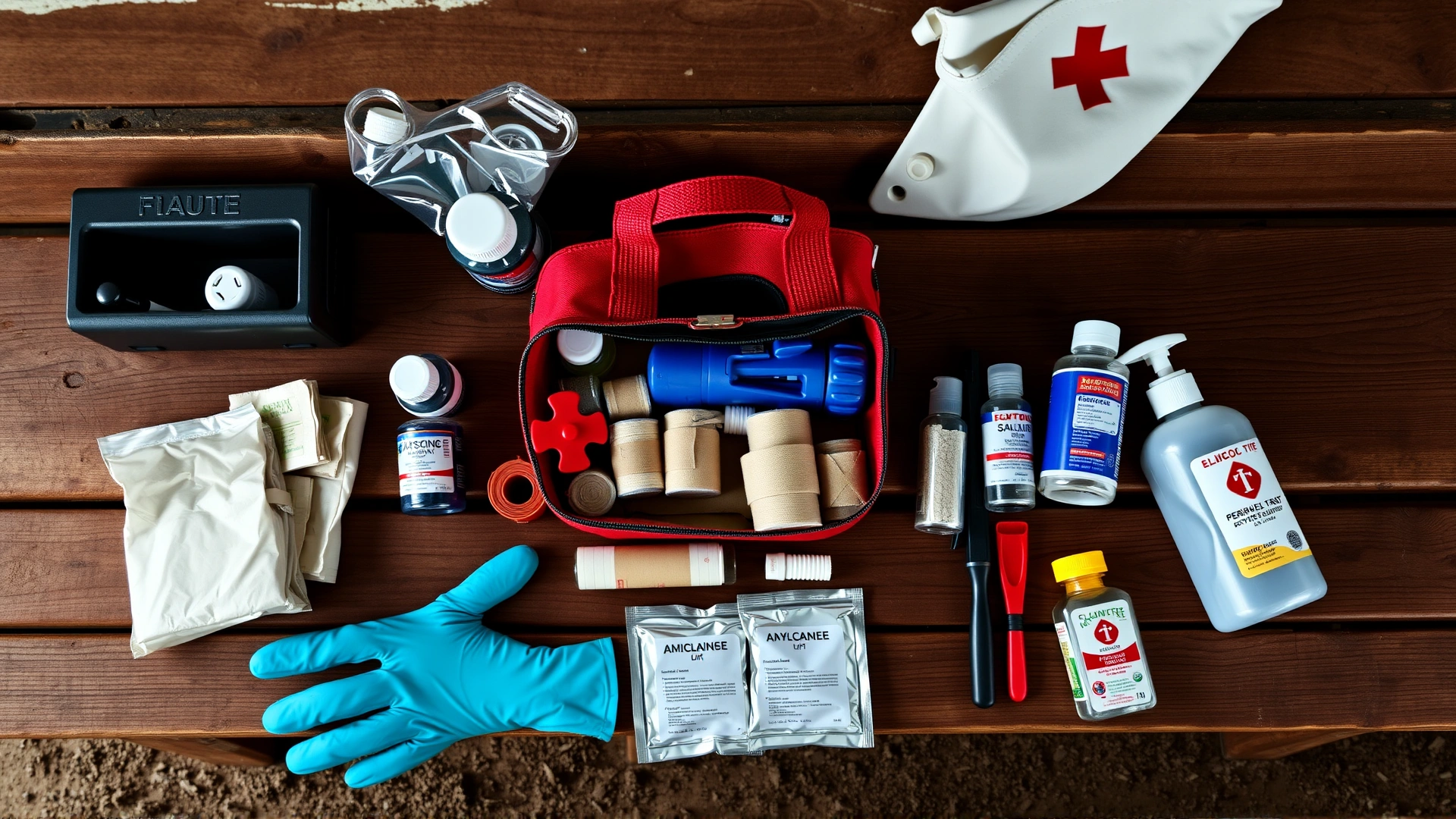 Overhead view of a neatly organized horse first-aid kit on a wooden stable bench, including bandages, saline bottles, gloves, and antiseptics.