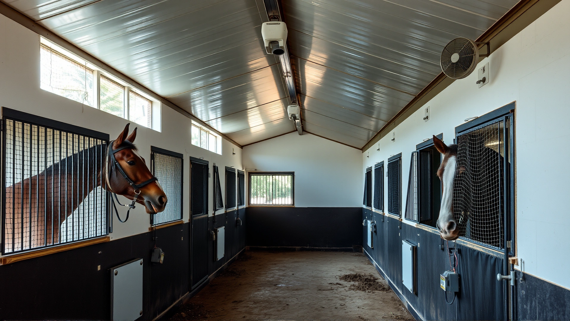 Interior shot of a clean, well-ventilated horse stable with insect nets on windows and fans running, highlighting biosecurity measures. Daylight, tidy environment.
