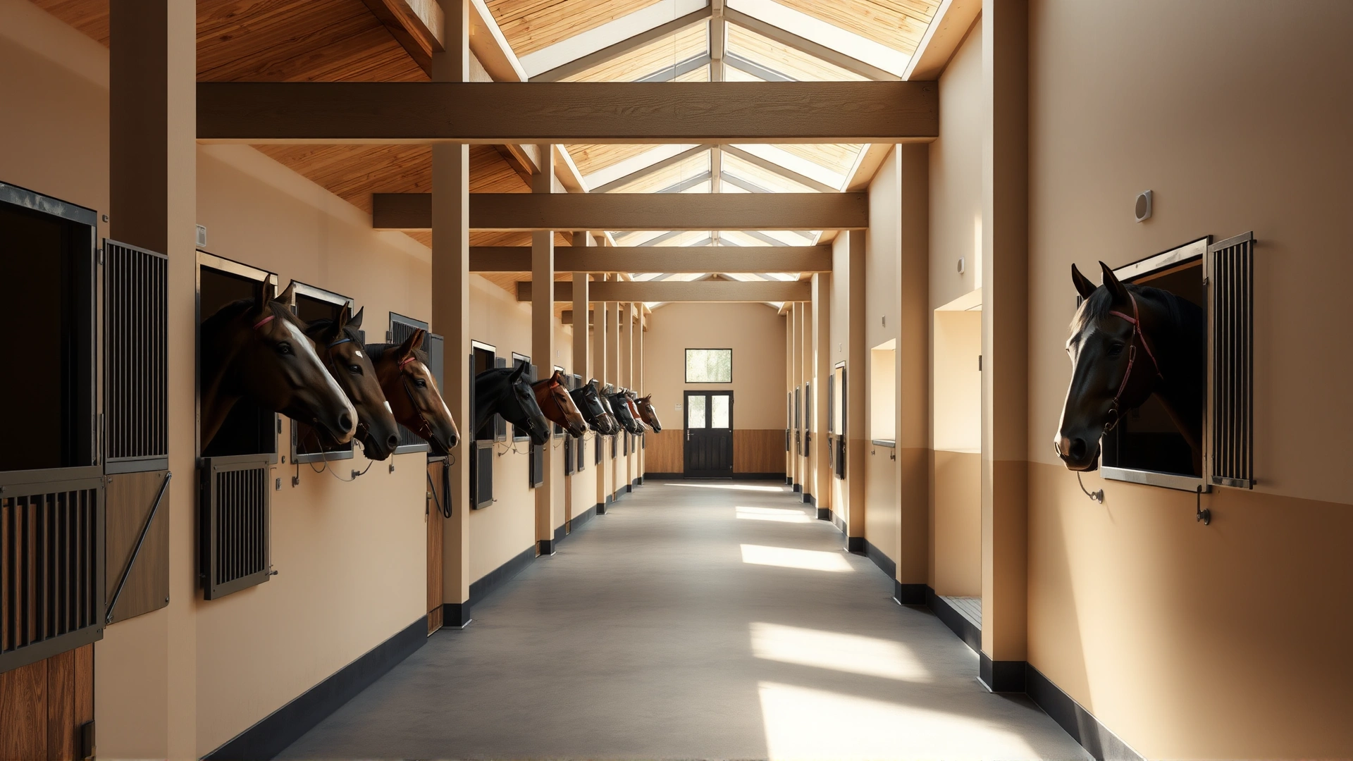 Spacious modern stable aisle with Hanoverian horses looking out of their box stalls, warm natural light streaming in.