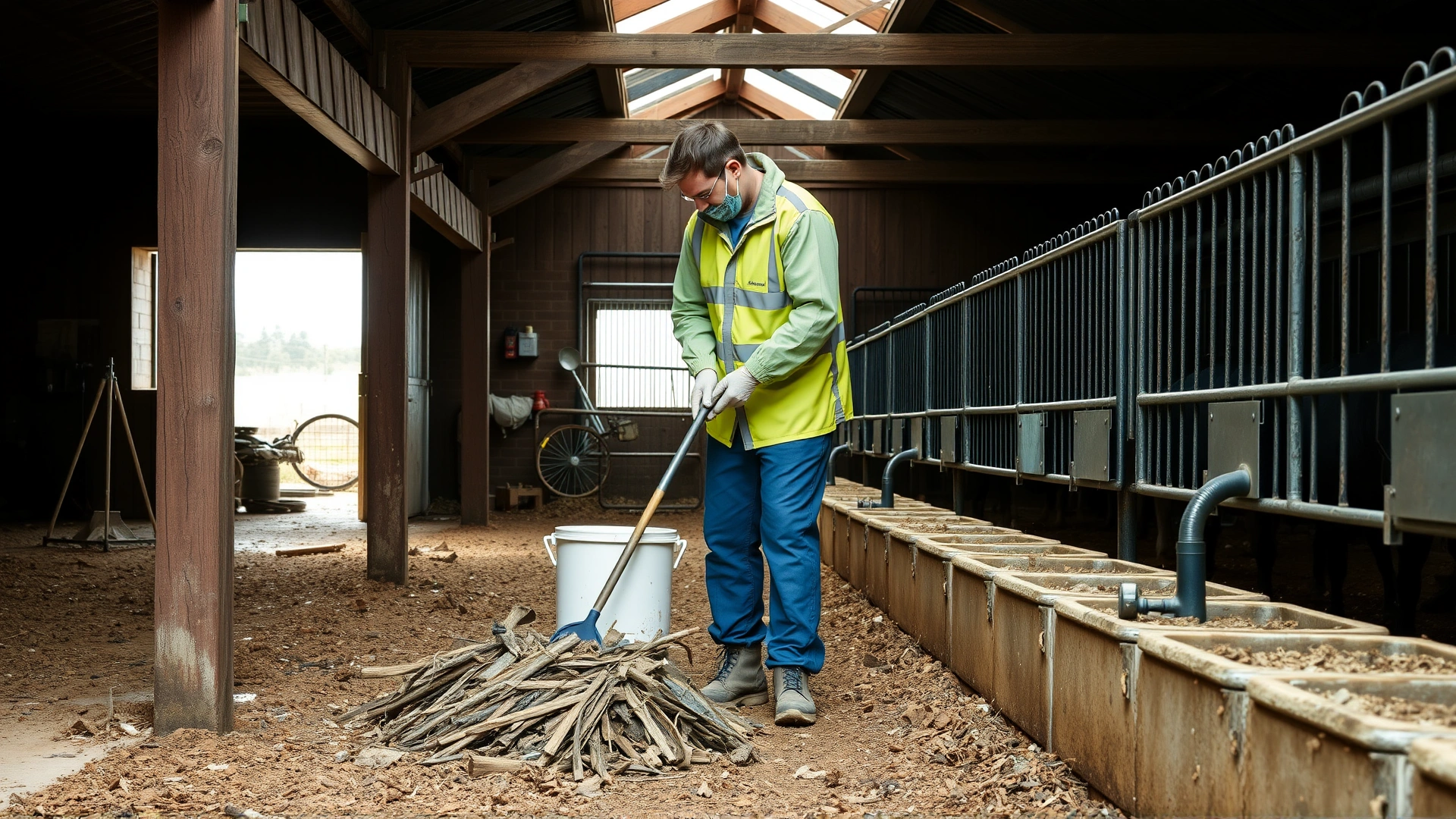 Barn staff cleaning water troughs and removing debris around a stable to reduce insect breeding grounds, showing practical biosecurity measures