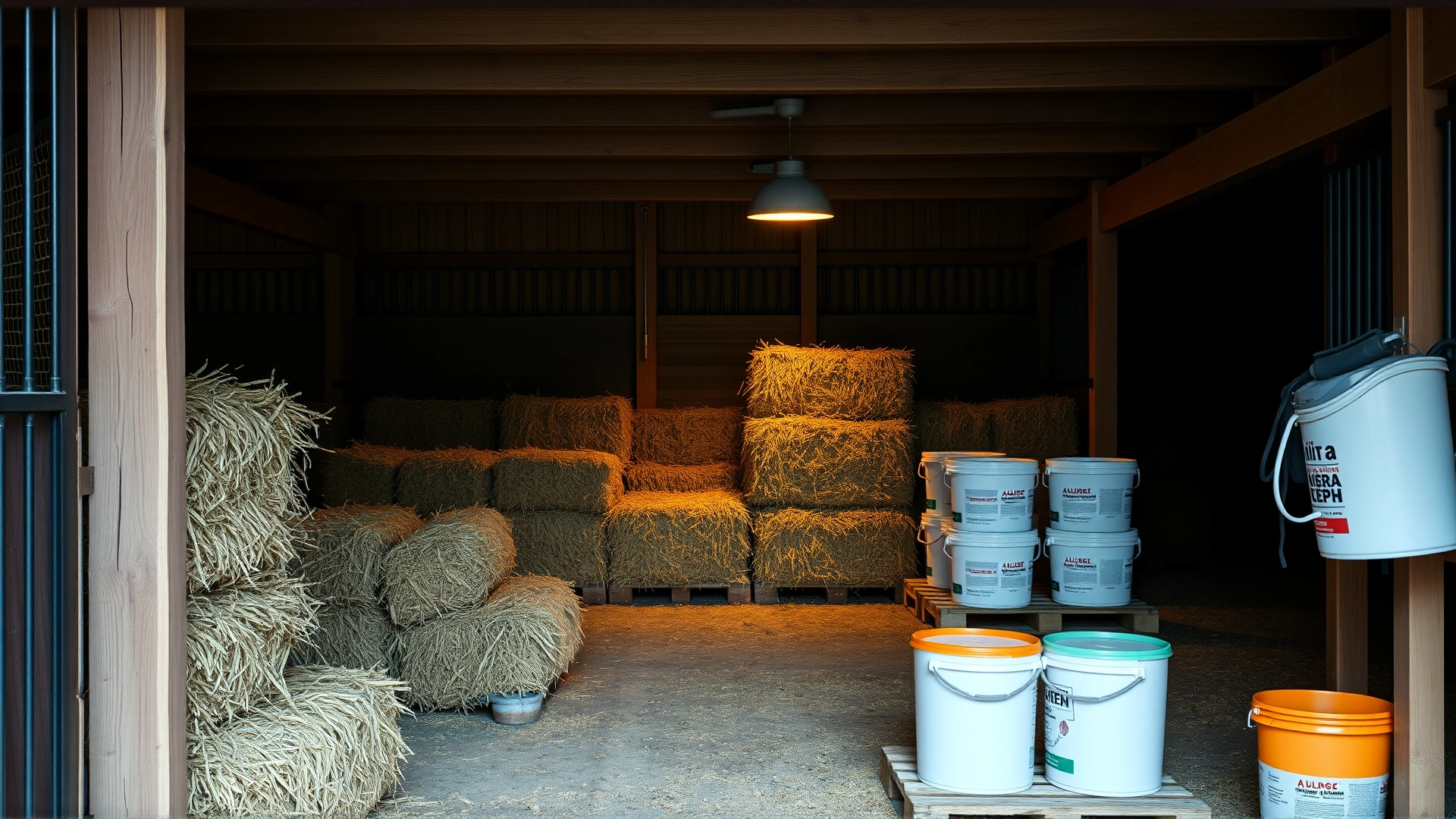 Neatly arranged horse stable with clean hay bales stacked on pallets and feed buckets organized, warm ambient lighting