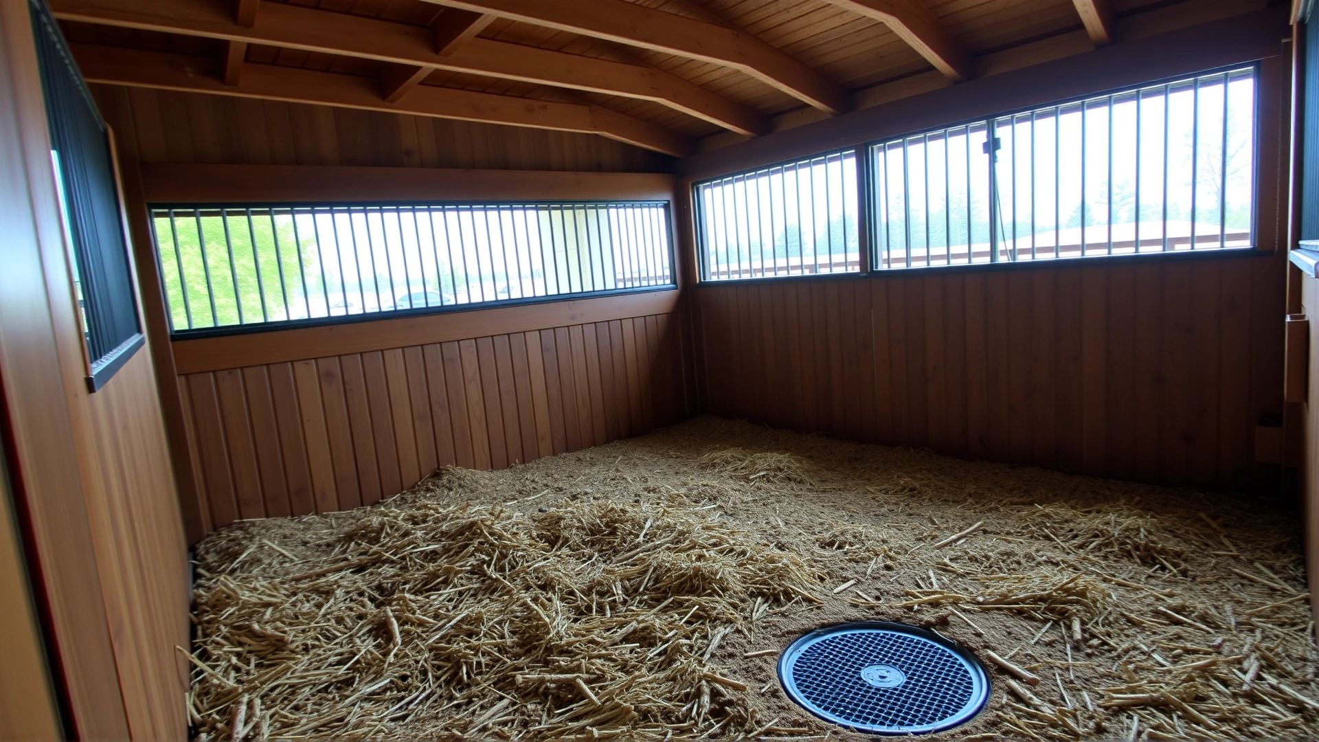 Interior of a clean, dry horse stall with fresh straw bedding and proper drainage visible.