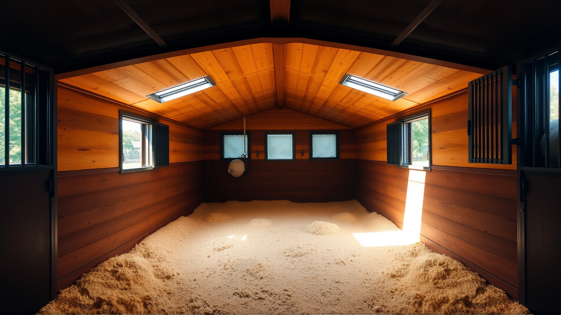 Interior of a clean, well-lit horse stall with fresh bedding and open windows for ventilation.