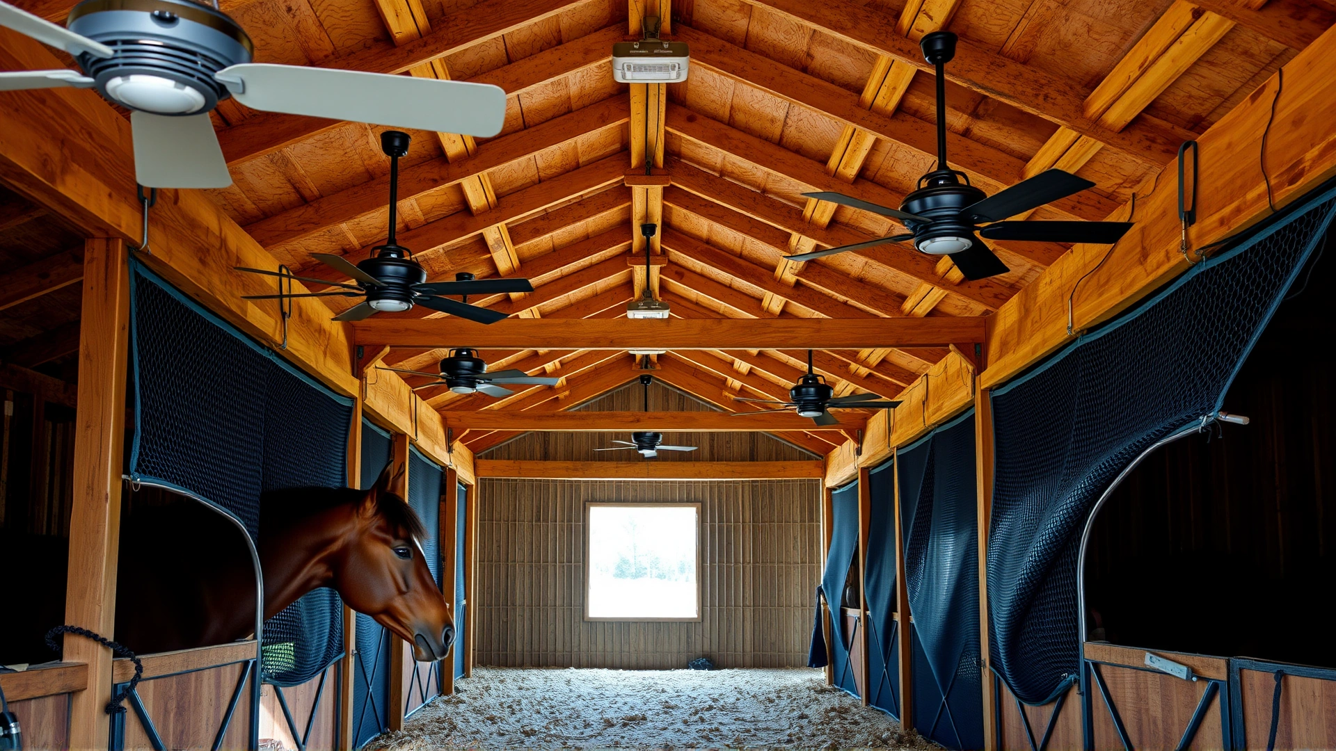 Interior of a well-lit barn showing a horse behind fine mesh screens with ceiling fans running, depicting mosquito control measures.