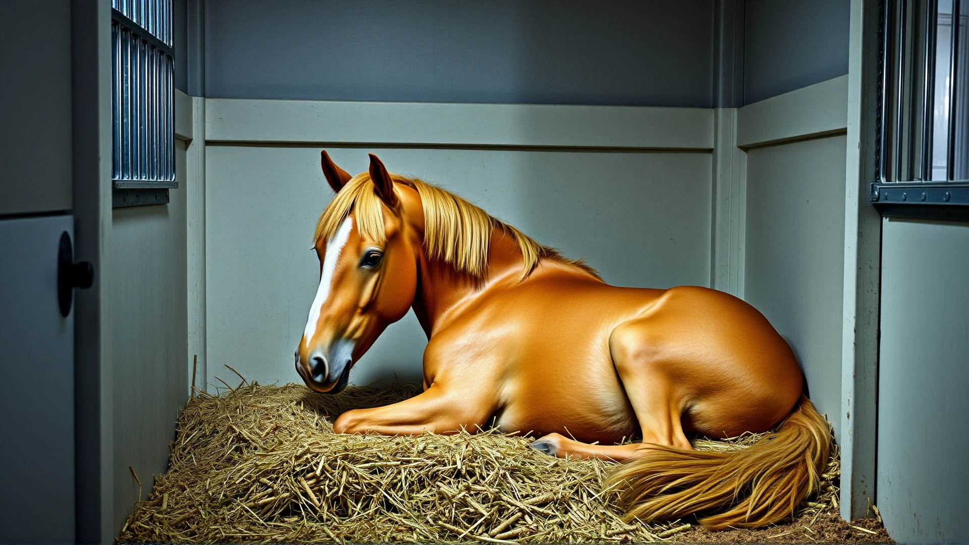 A palomino horse resting quietly in a clean, well-bedded box stall with fresh hay and soft lighting. No text.