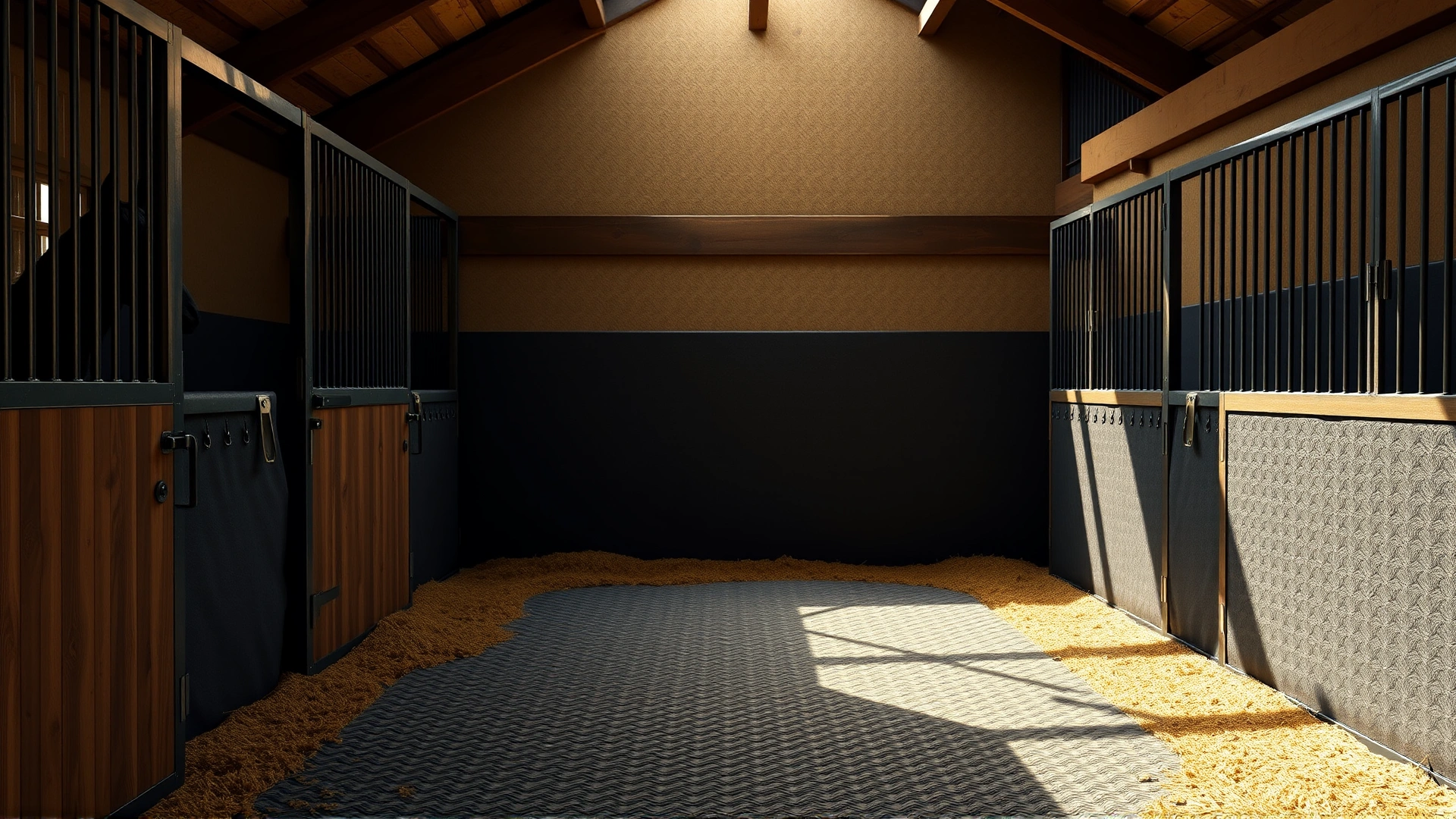 Interior of a well-padded horse stall with rubber mat flooring, rounded corners, and no sharp objects, illustrating a safe environment for neurologically impaired horses, no text