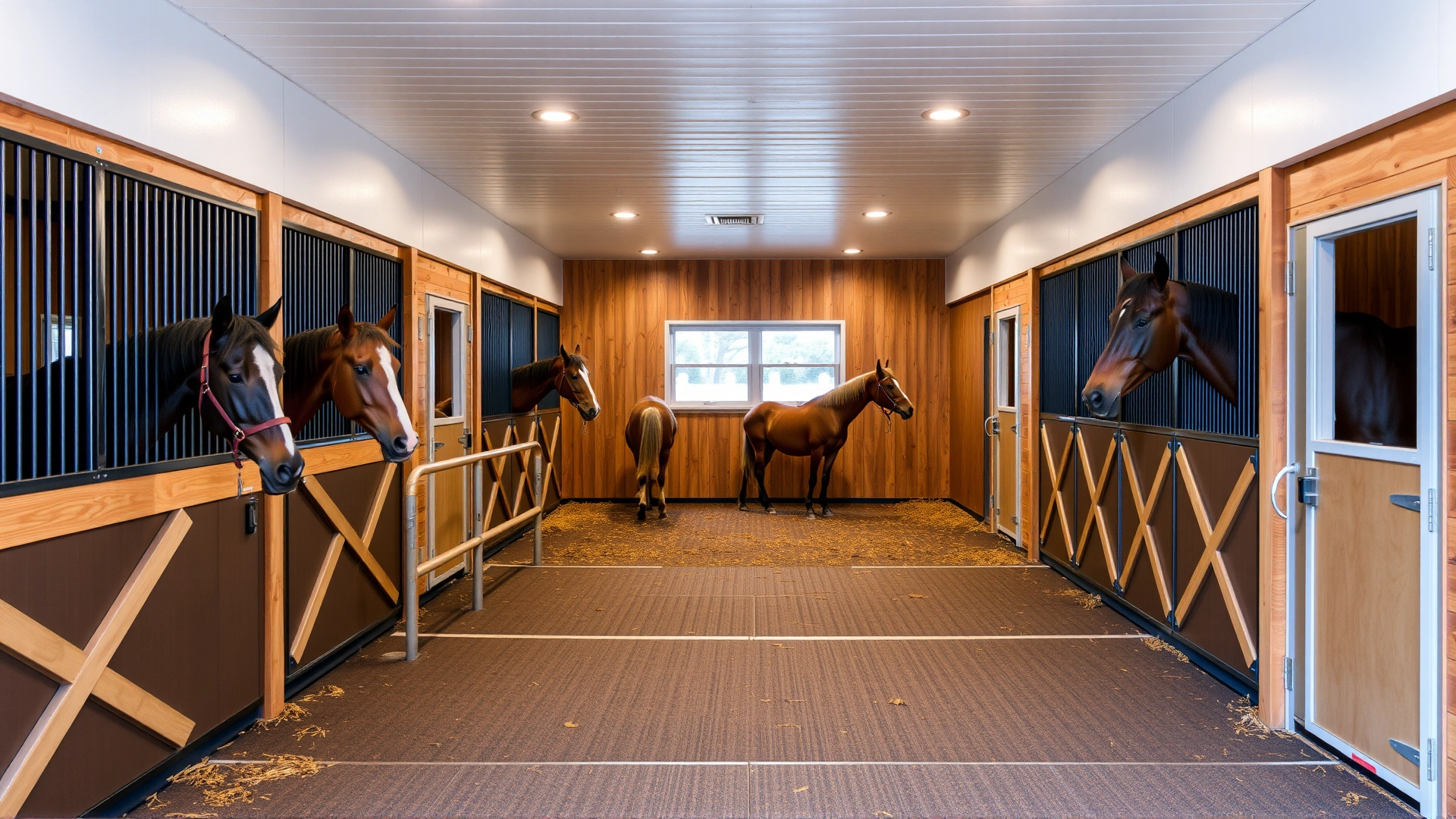 Modern equine therapy stable featuring accessible ramps, safety rails, and relaxed horses waiting for sessions.