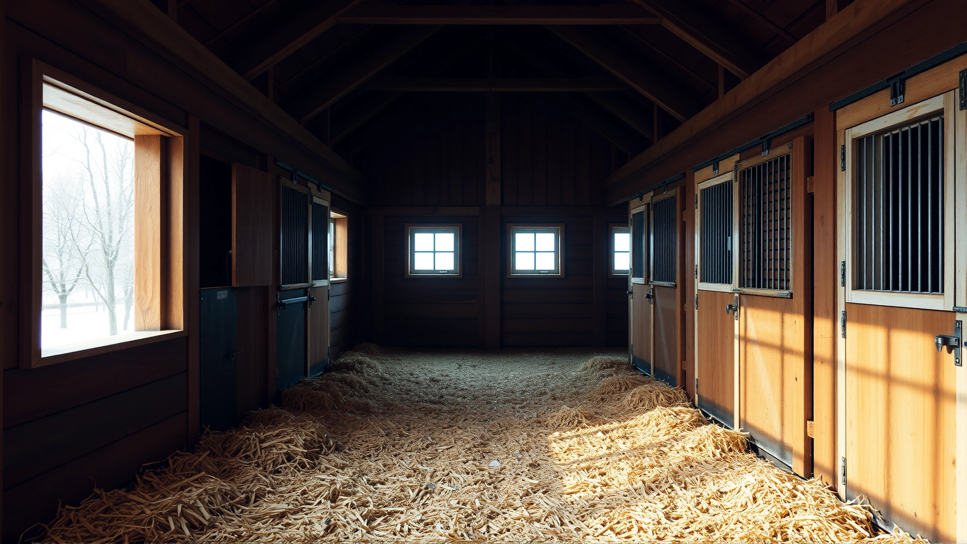 Interior of a well-lit horse stable in winter, clean straw bedding, closed windows with small vents for airflow, showing a cozy environment.