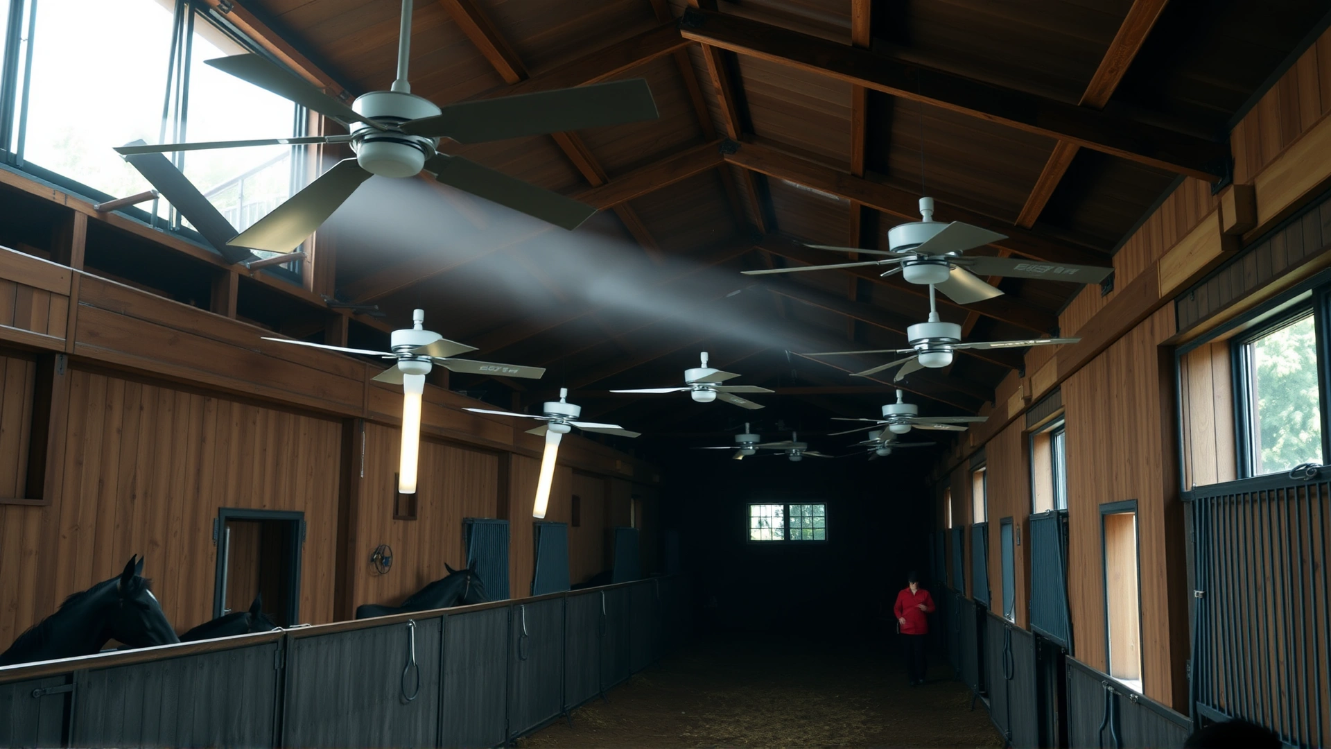 Interior of a well-ventilated stable with high ceilings, large fans, and open windows allowing airflow.