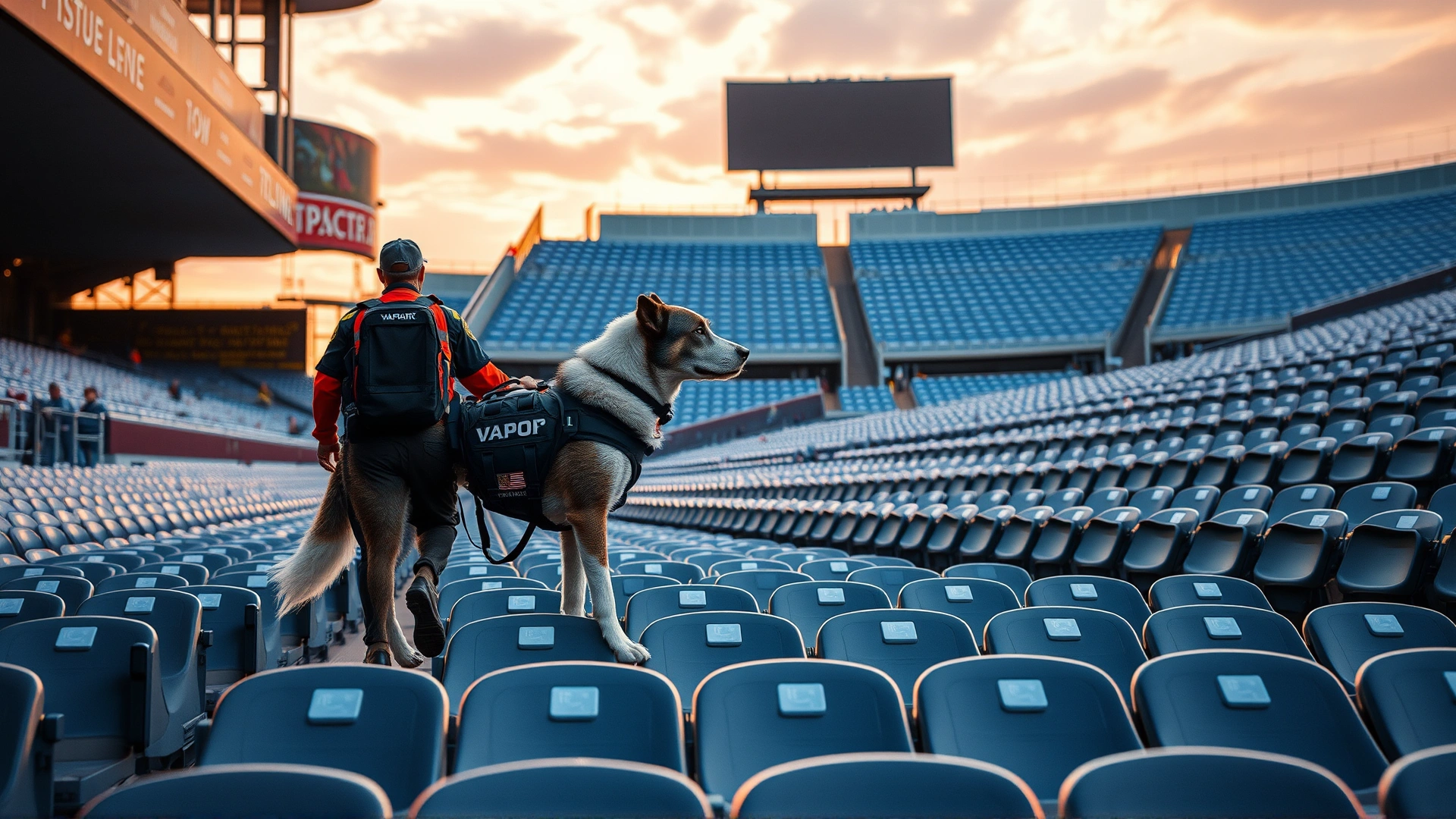 Vapor Wake dog and handler patrolling empty stadium seating rows before a large event at sunset.