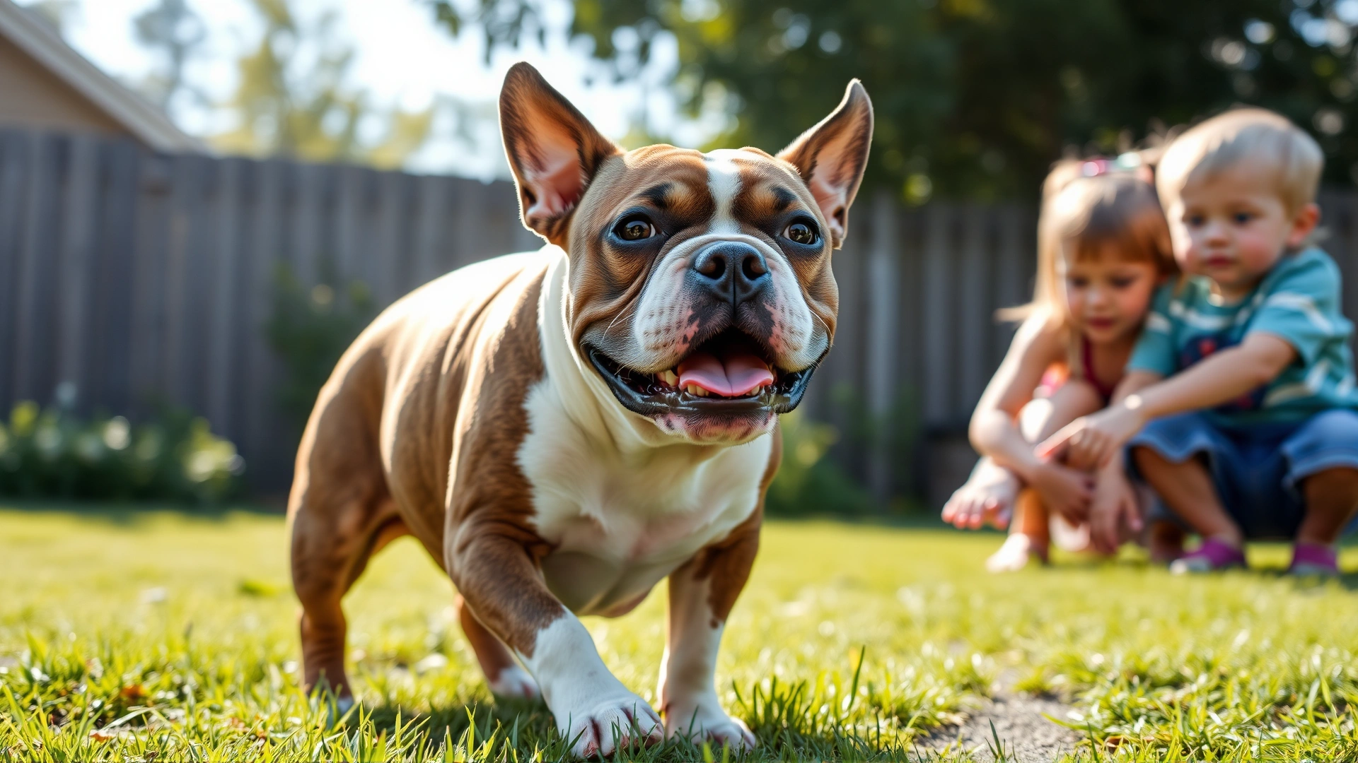 Staffordshire Bull Terrier gently playing with two young children in a backyard, bright afternoon light, candid moment.