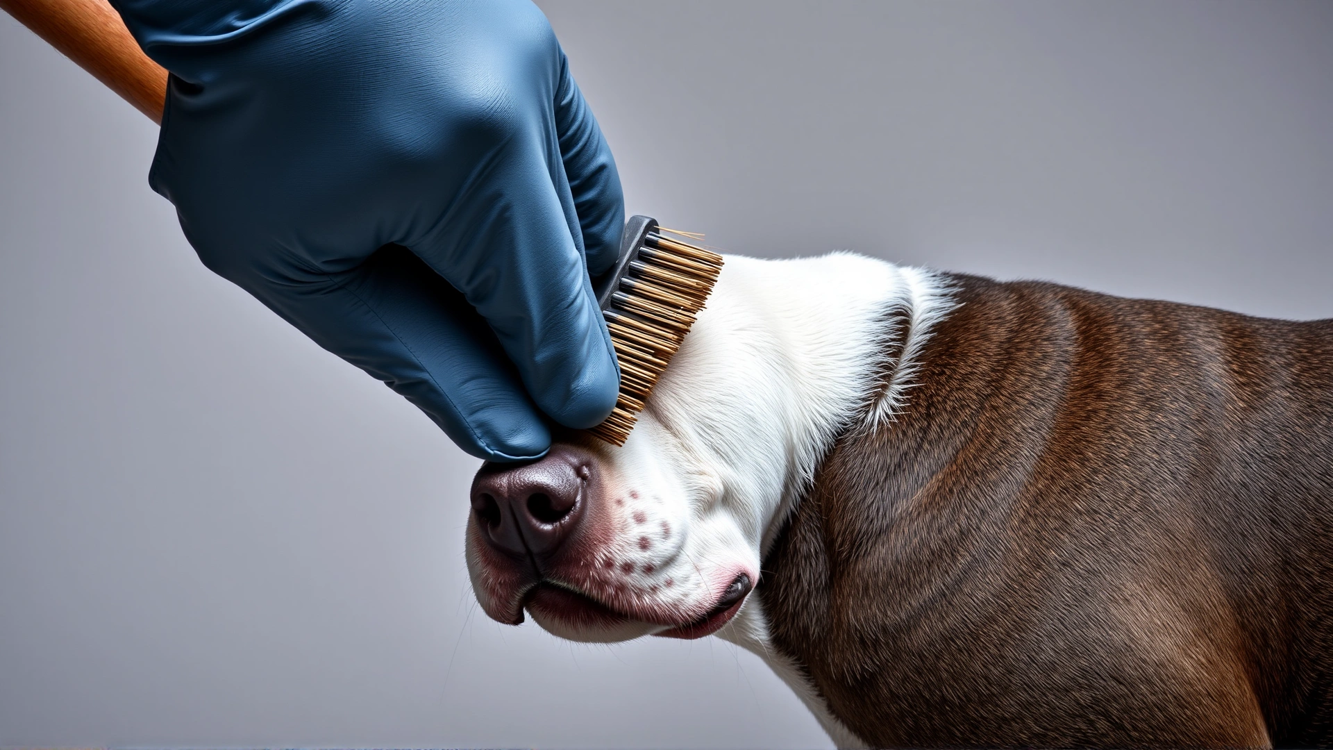 Close-up of a hand brushing a Staffordshire Bull Terrier's short coat using a rubber grooming glove, neutral background.