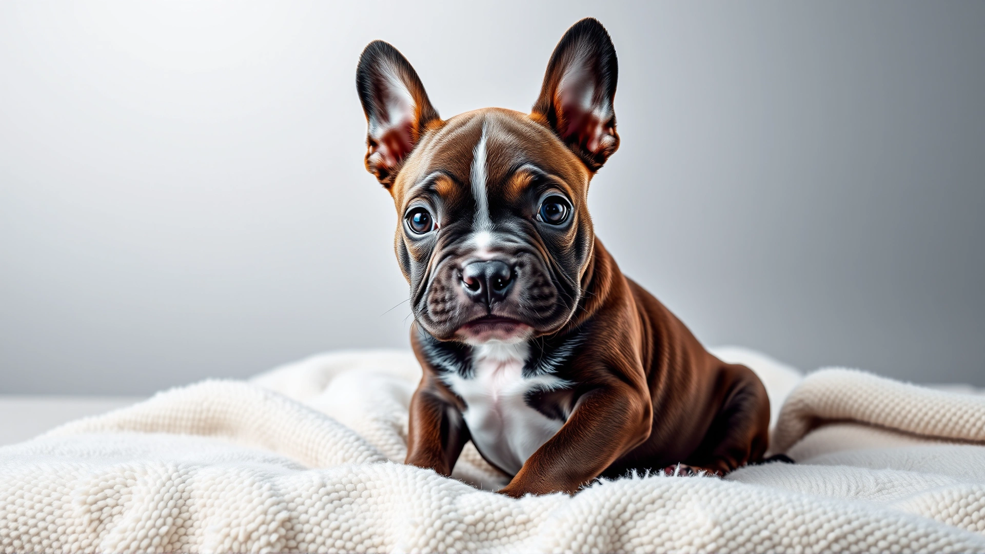 Adorable Staffordshire Bull Terrier puppy sitting on a soft blanket with a curious expression, studio lighting.