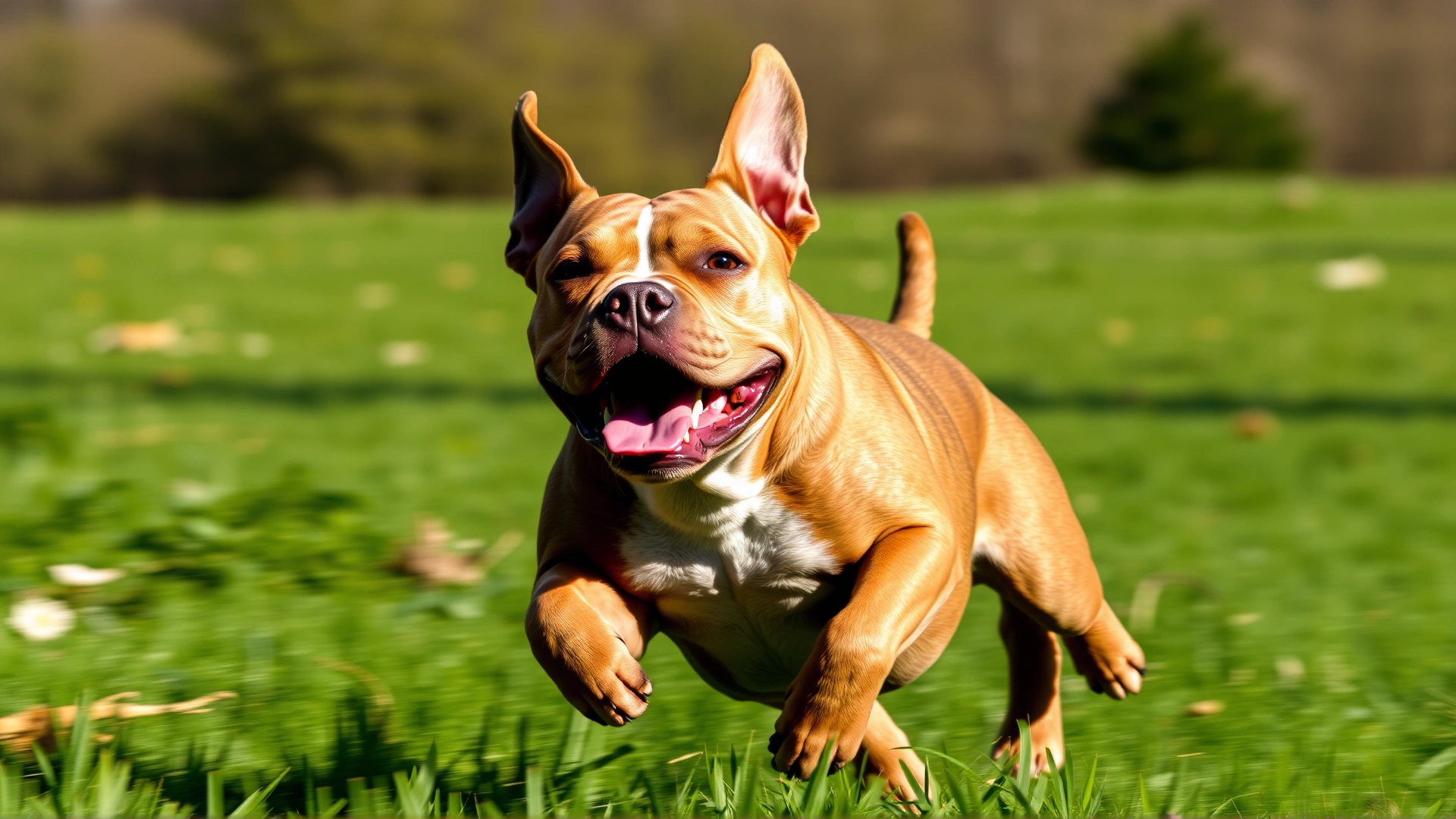 Athletic Staffordshire Bull Terrier sprinting across a green field, ears back, with slight motion blur to convey speed, sunny day.