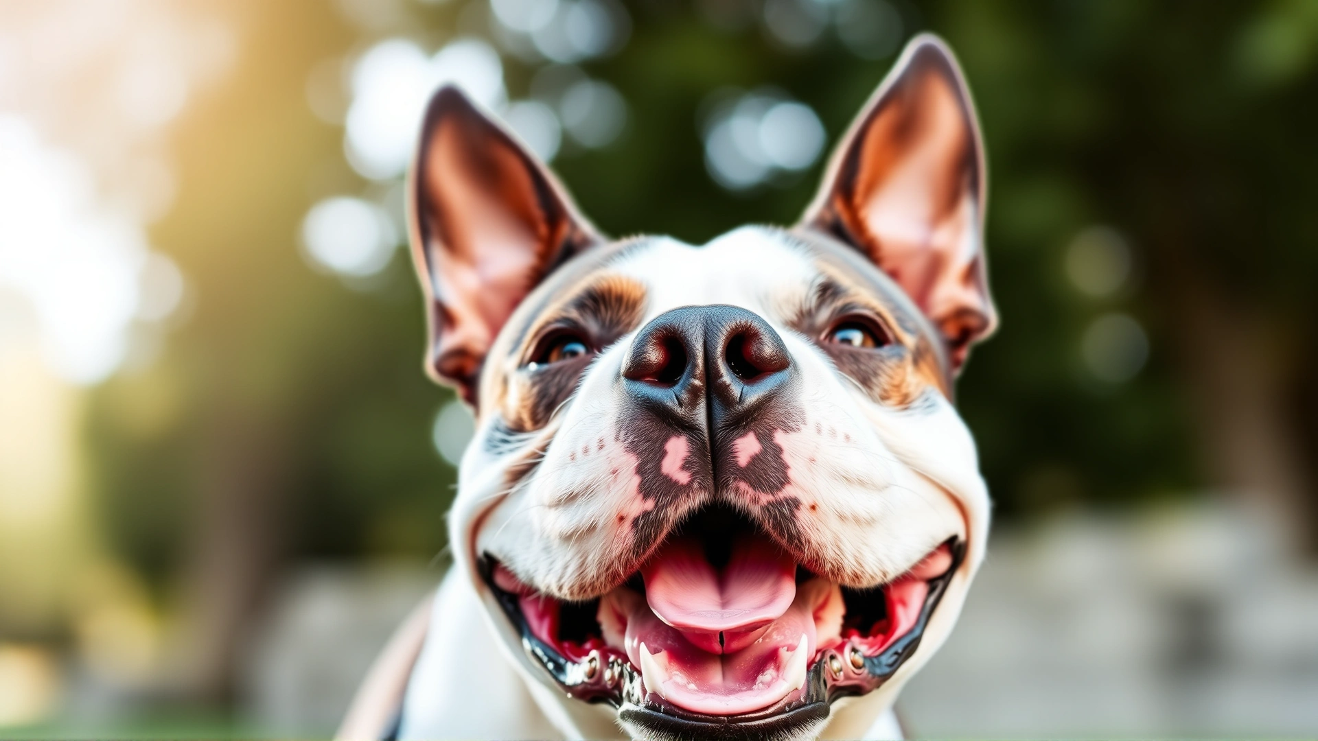 Close-up of adult Staffordshire Bull Terrier smiling outdoors in soft natural light, showcasing its characteristic wide grin.