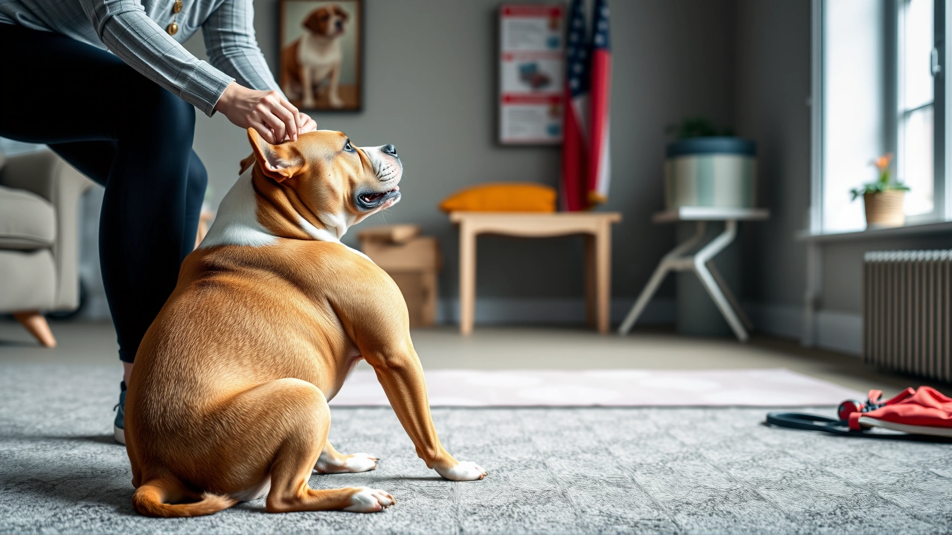 Indoor dog-training session where a trainer uses treats to teach a Staffordshire Bull Terrier to sit; focus on interaction.