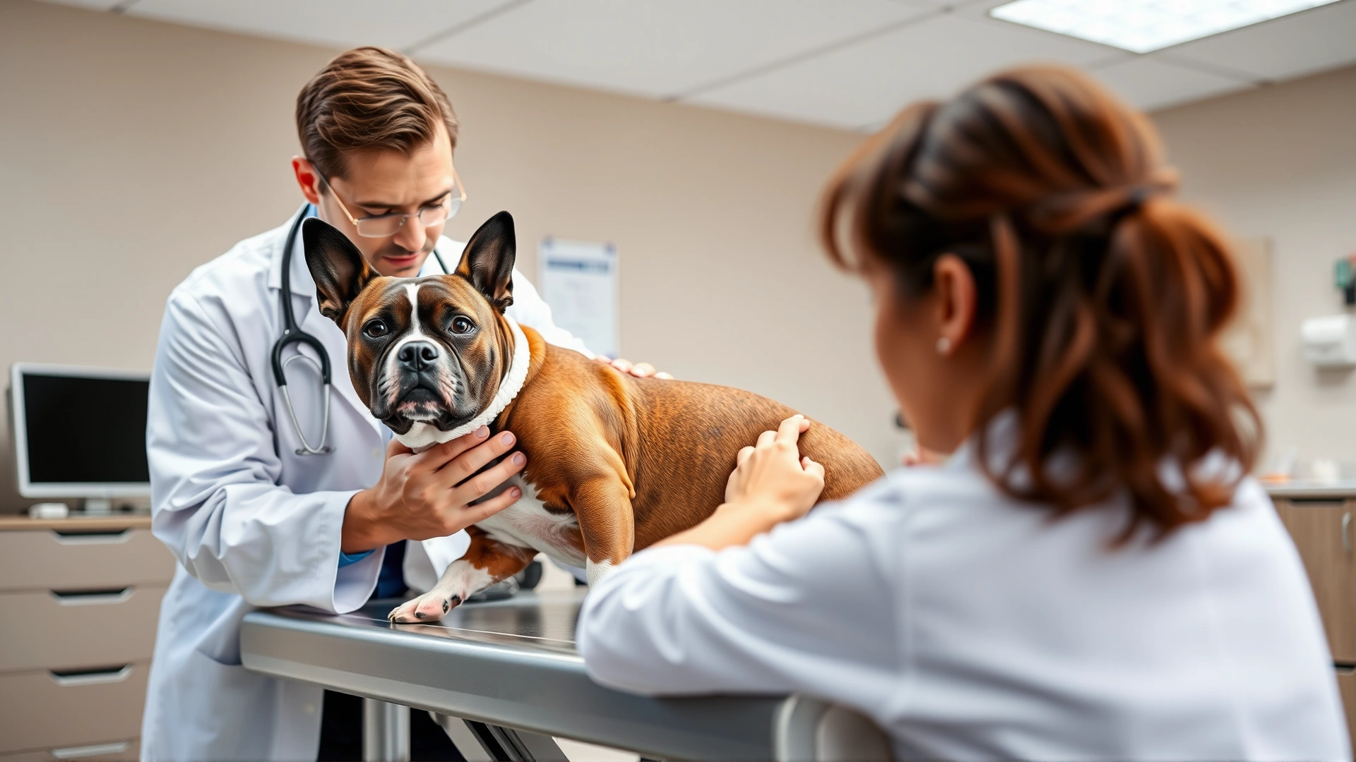 Veterinarian in white coat gently examining a calm Staffordshire Bull Terrier on an examination table in a modern clinic.