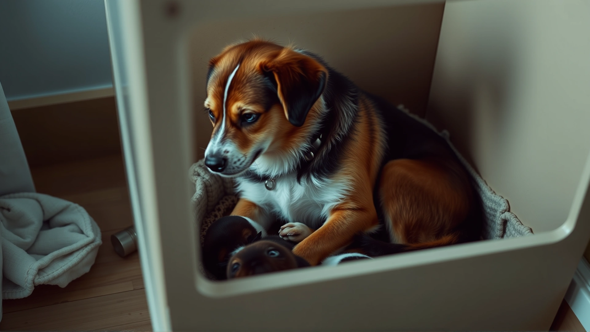 Medium shot of a restless expectant mother dog nesting and circling inside her whelping box, soft indoor lighting