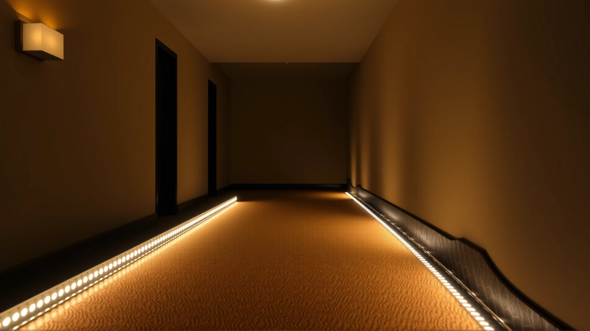LED strip lights installed under each stair nosing in a dimly lit hallway, emphasizing safe illumination