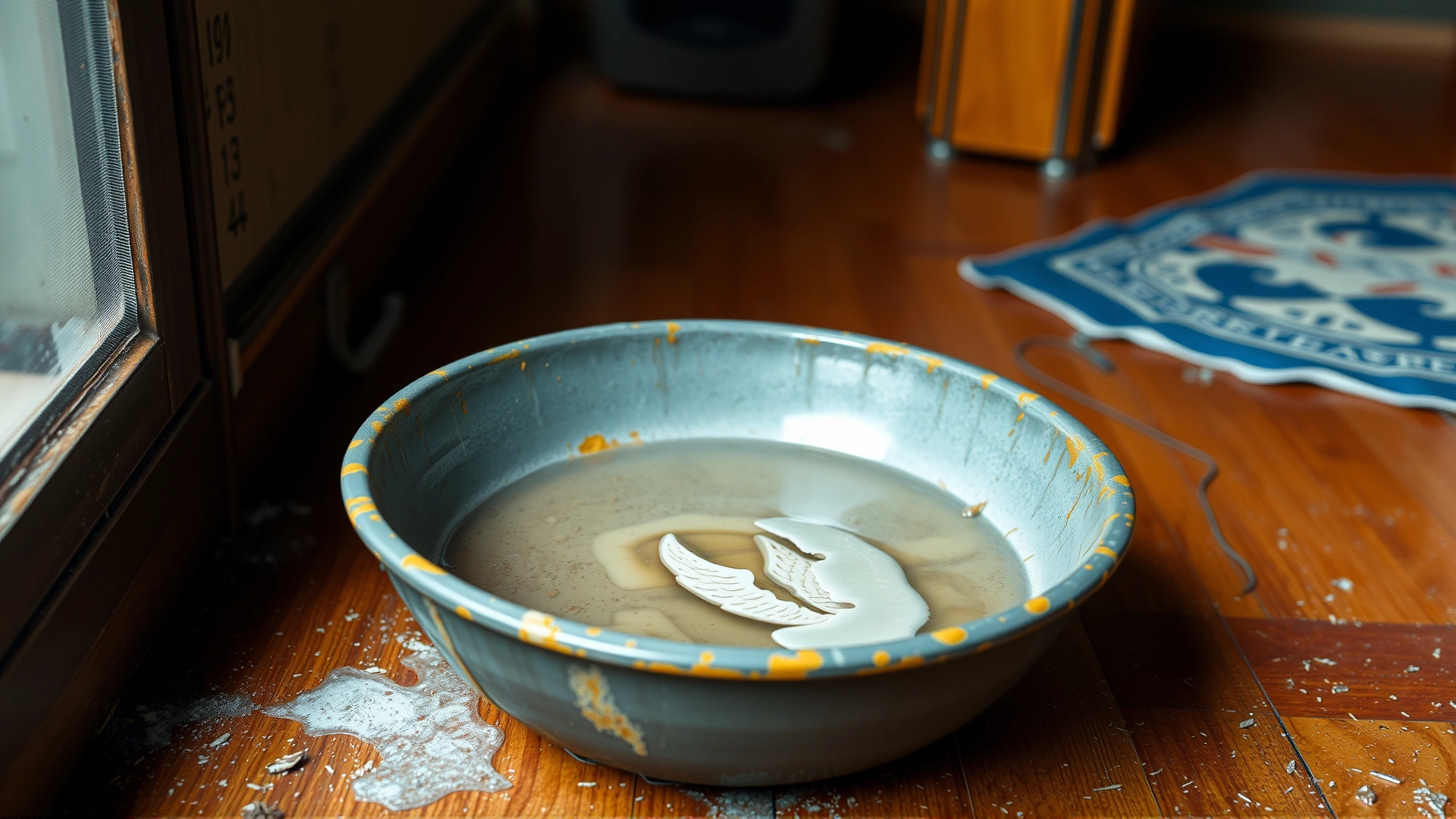 Indoor scene of a dusty, half-empty water bowl on the floor with visible film on the surface, warm lighting, no text