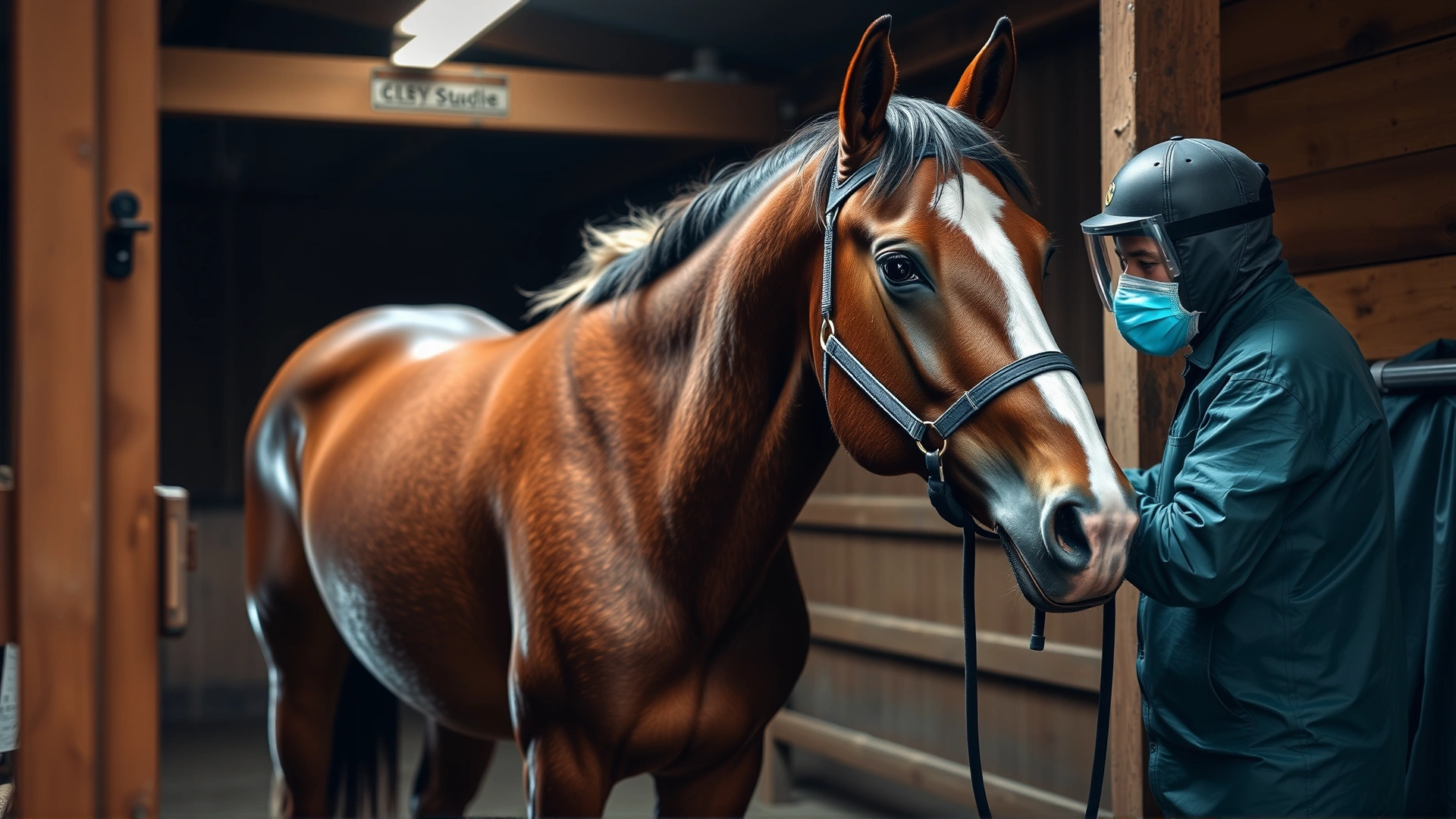 Stallion in a controlled breeding shed during semen collection with handler wearing protective gear; demonstrates assisted reproduction techniques; no text.