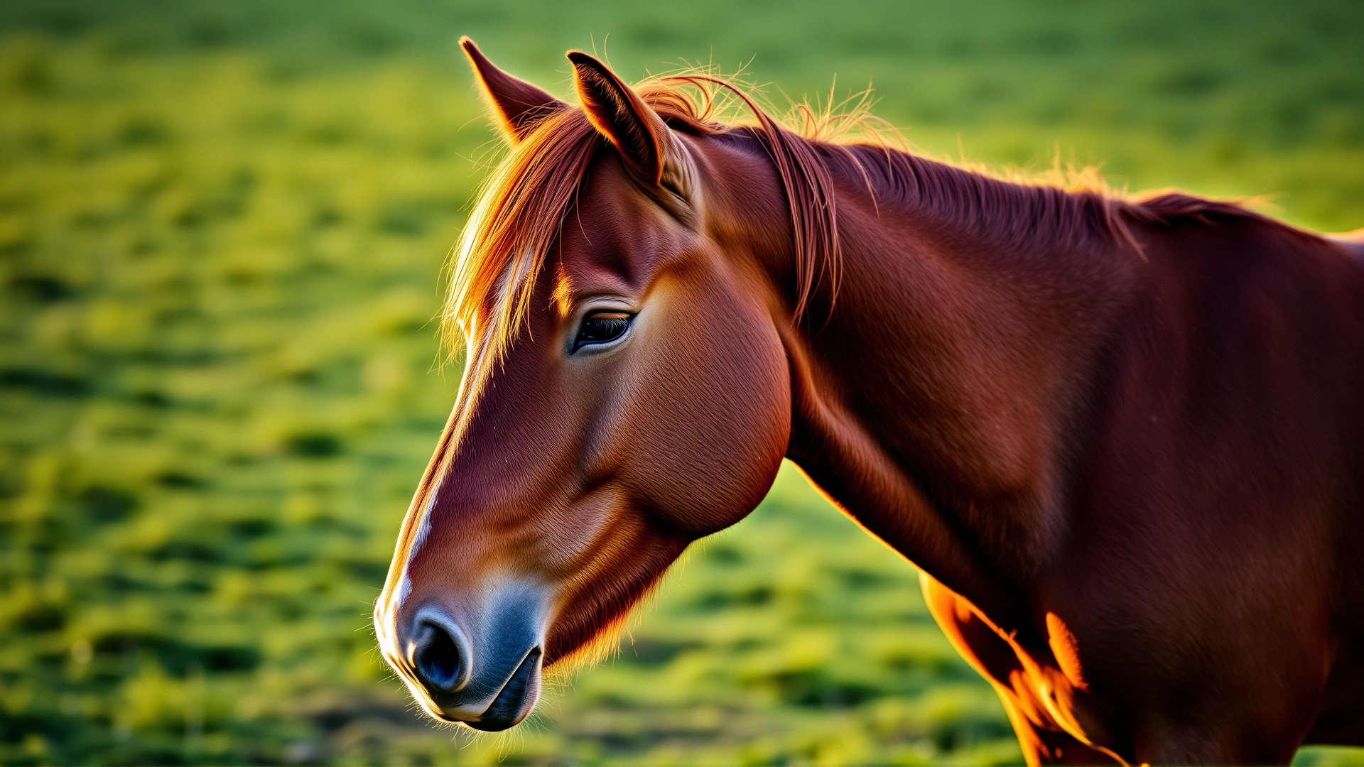 Profile shot of a chestnut horse standing in a green pasture, eyes half-closed in the afternoon sun, conveying relaxed drowsiness.