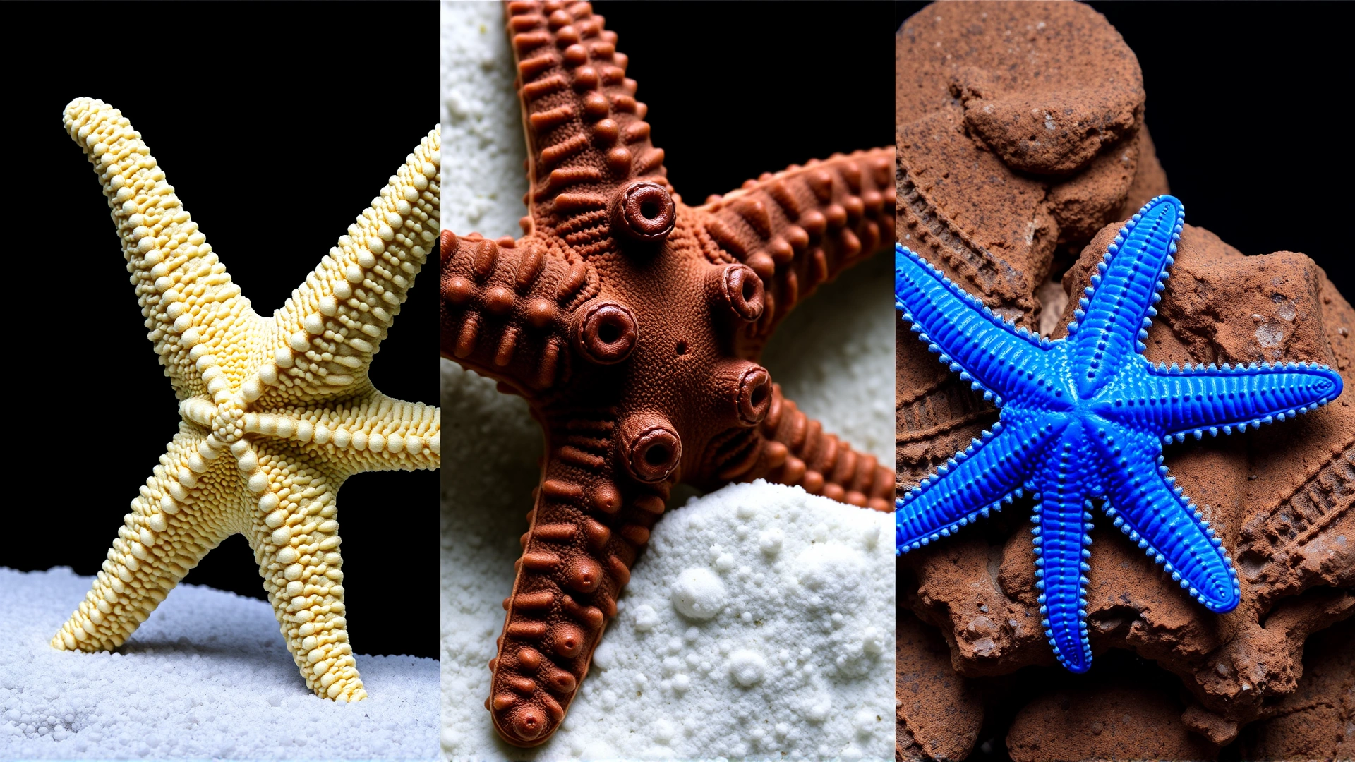 Collage showing three separate photos of popular aquarium starfish species: a beige sand-sifting starfish on white sand, a brown chocolate chip starfish with dark knobs, and a bright blue Linckia starfish on live rock; neutral black background stitch