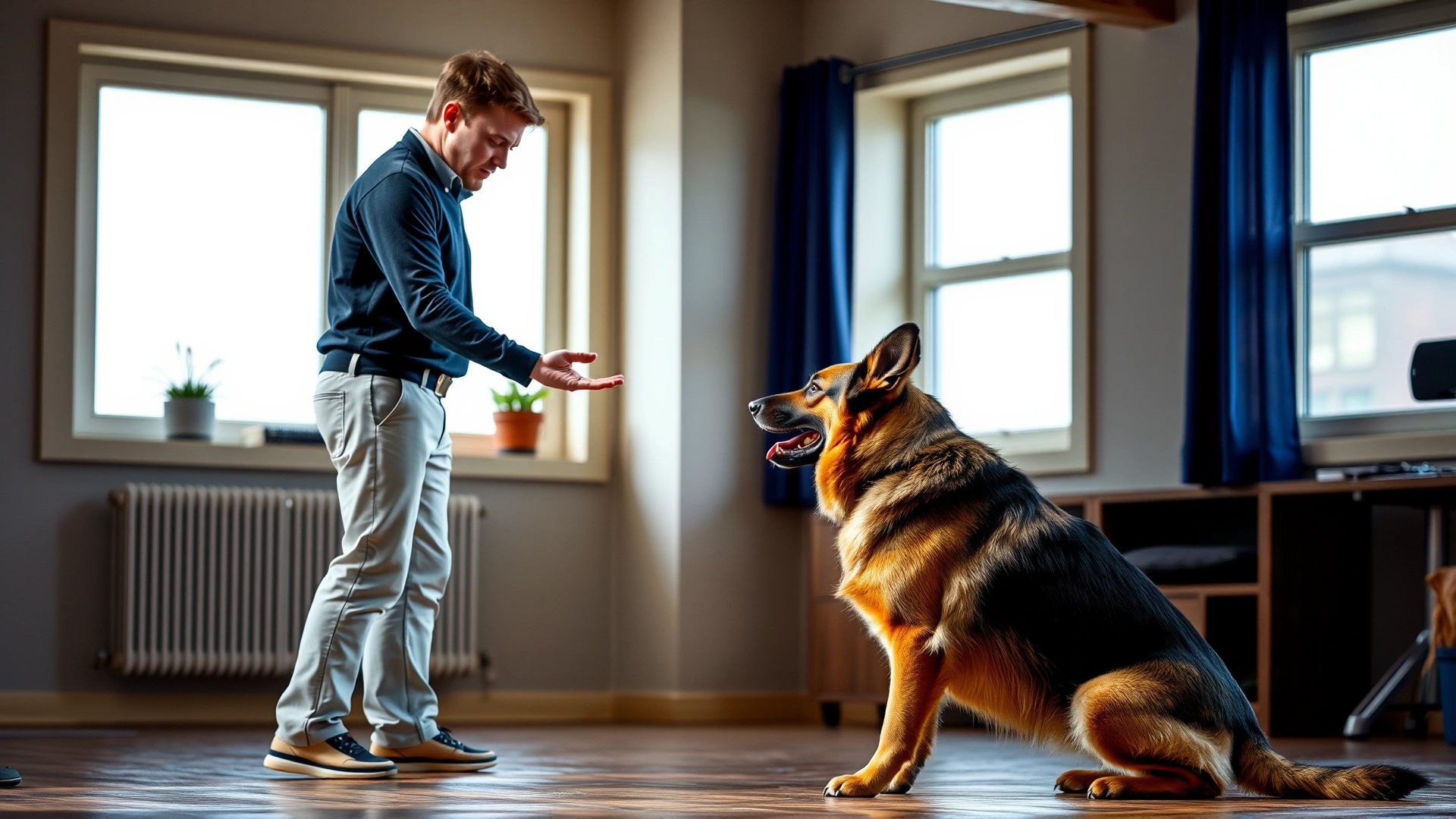 Indoor scene where a trainer holds an open palm toward a German shepherd, taking one step back while the dog remains in place.