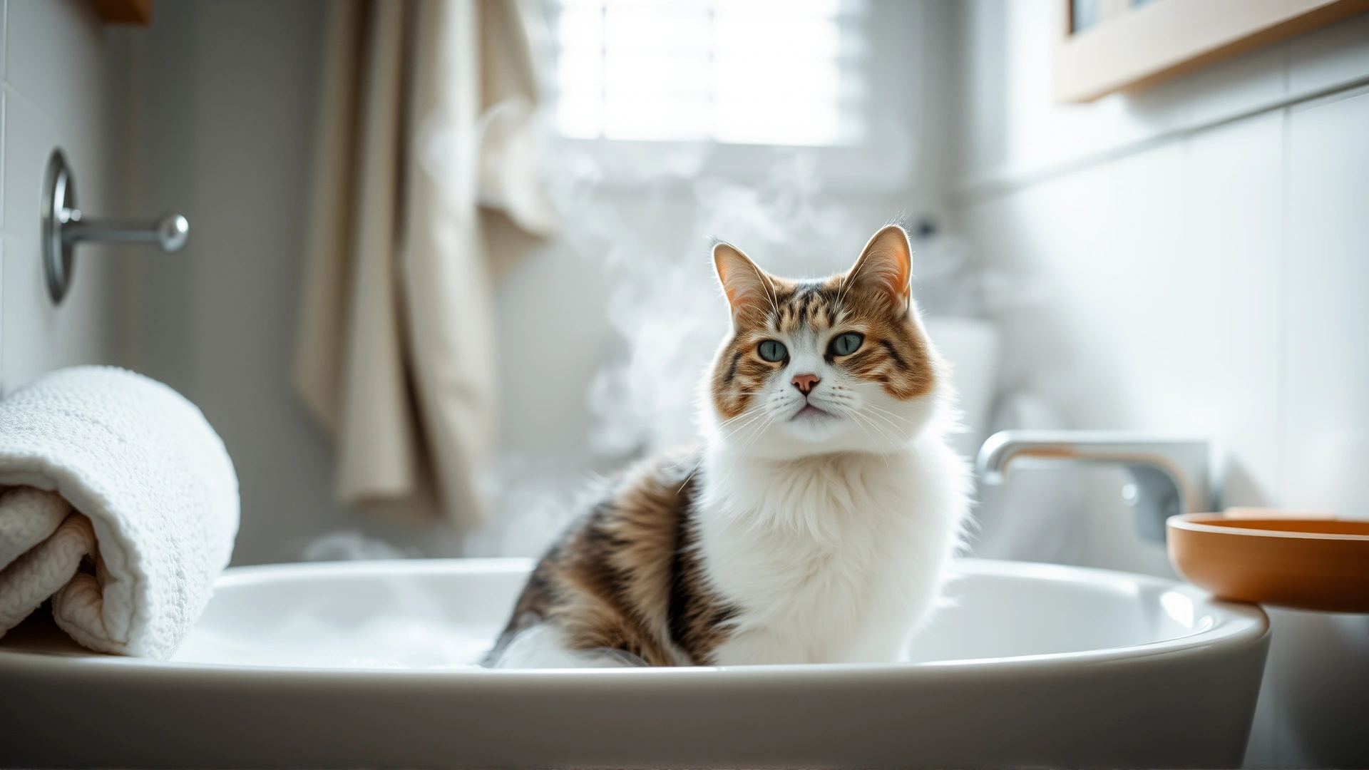 Cat comfortably sitting in a bathroom filled with gentle steam while owner supervises, showing at-home steam therapy.