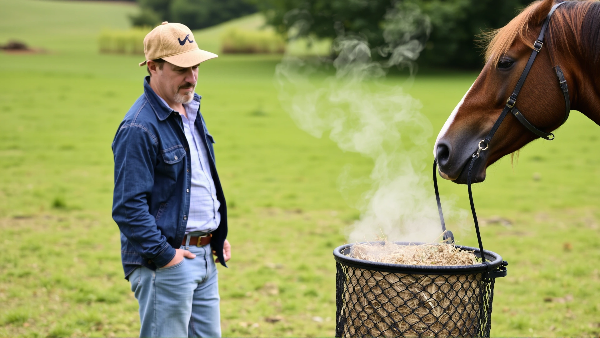 Horse owner using a portable hay steamer outdoors; steam rising visibly from a netted bag of hay; green paddock background.