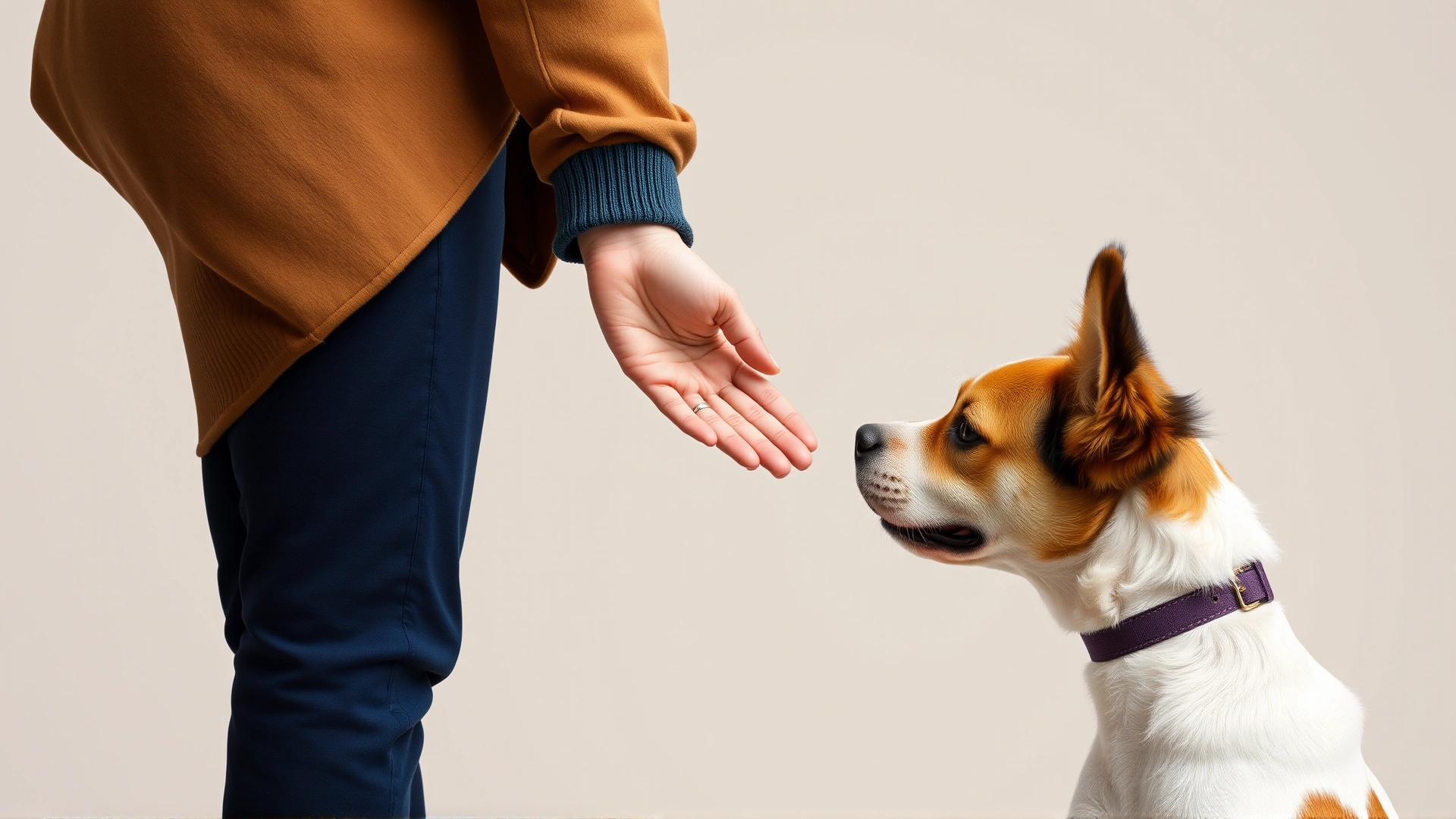 Sequence-style image of a person lowering the back of their hand for a dog to sniff, captured in a single frame, neutral background