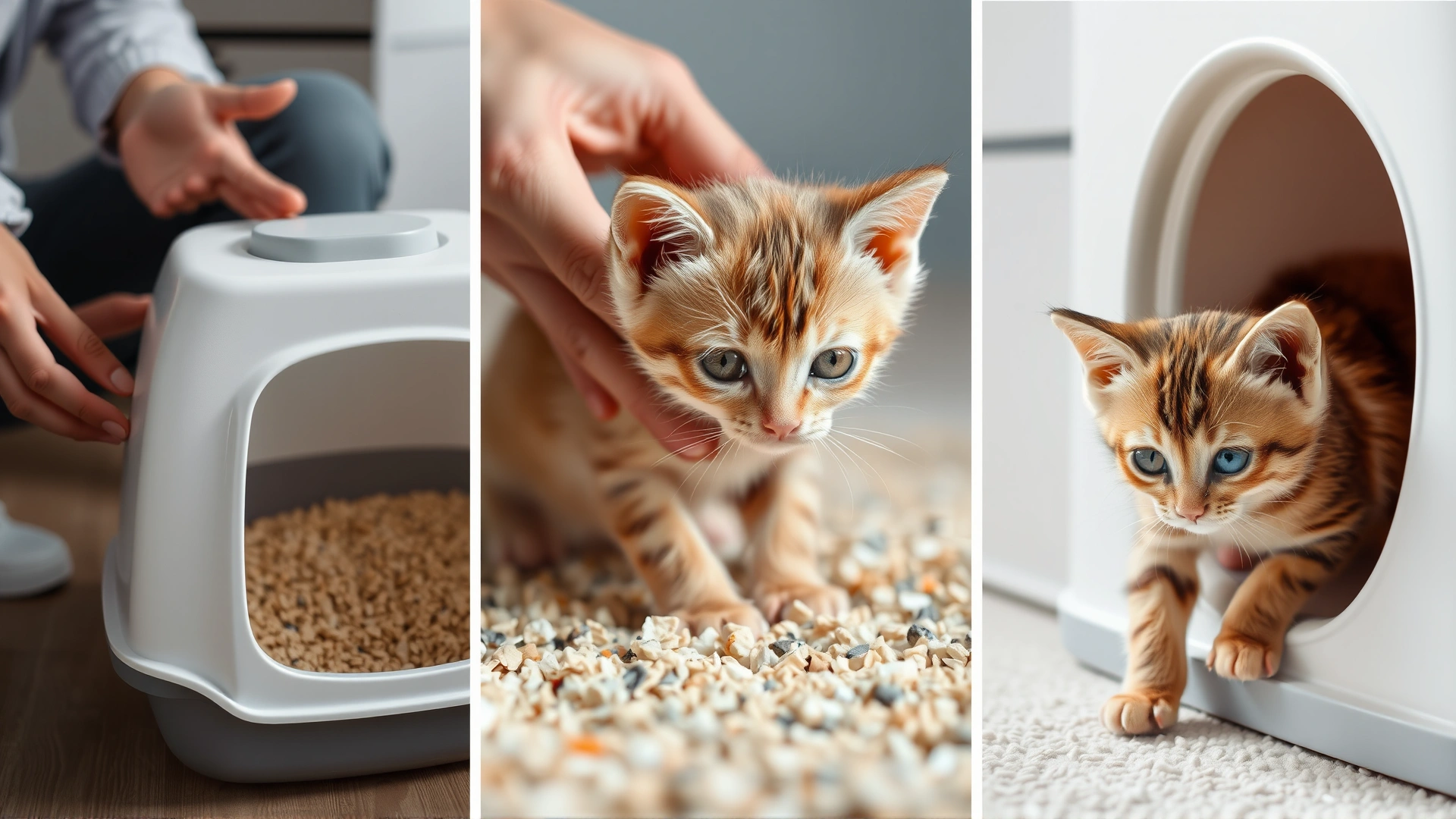Collage of three frames: human gently placing kitten in litter box, kitten digging in litter, kitten calmly exiting box