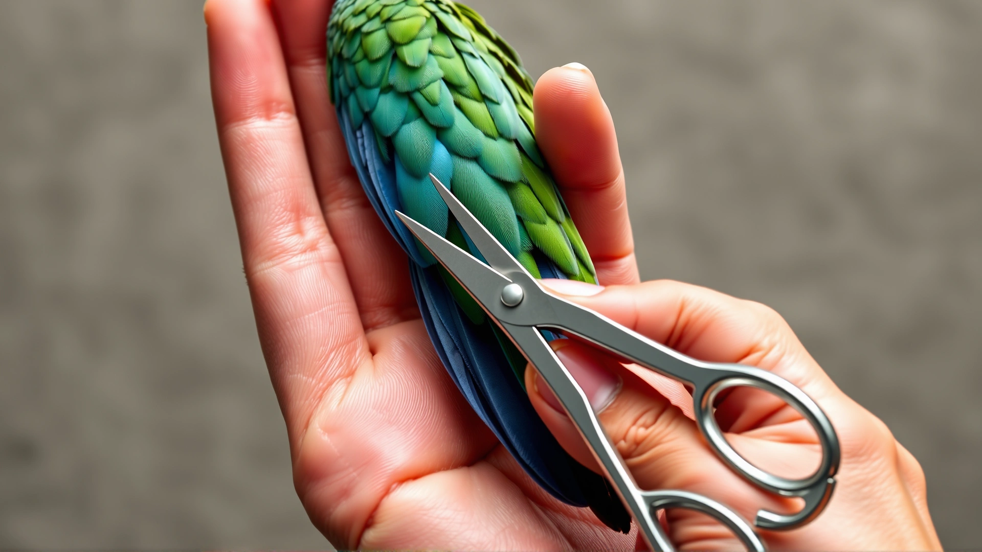 Series-style photo showing a human hand holding a parrot wing with scissors positioned at the correct cutting line (focus on first 5–7 primaries); no text
