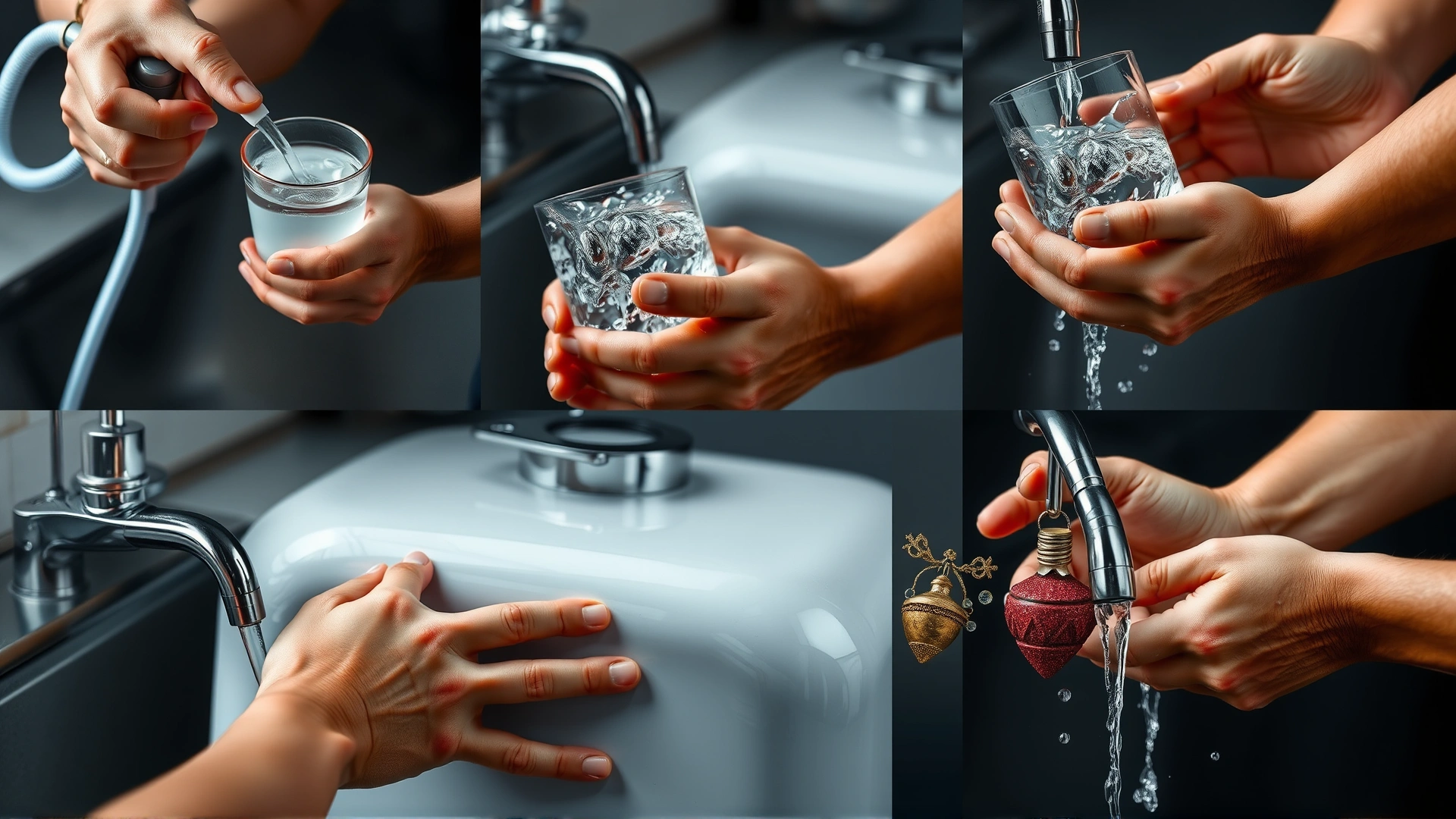 Collage or single image series showing human hands siphoning water, scrubbing tank glass, and rinsing decorations under tap water (without text overlays).