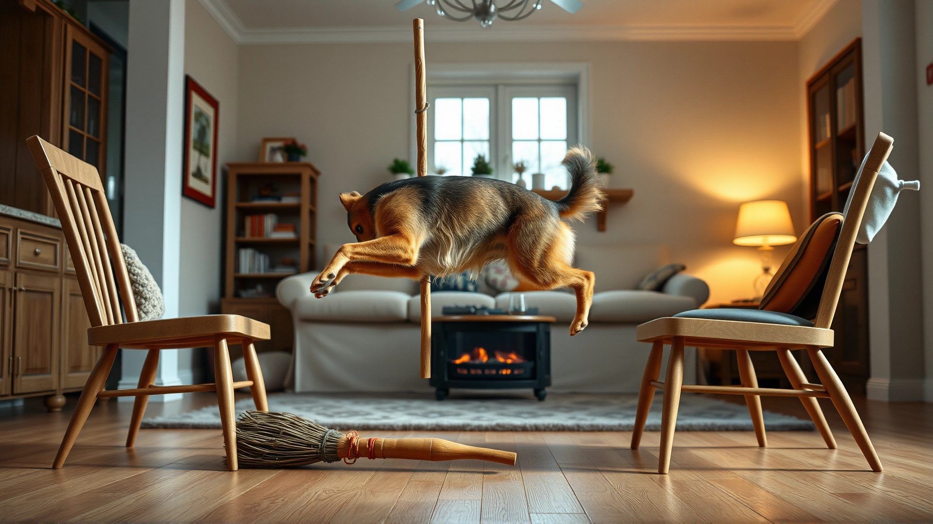 Side view of a dog leaping over a broomstick balanced between two kitchen chairs inside a cozy living room