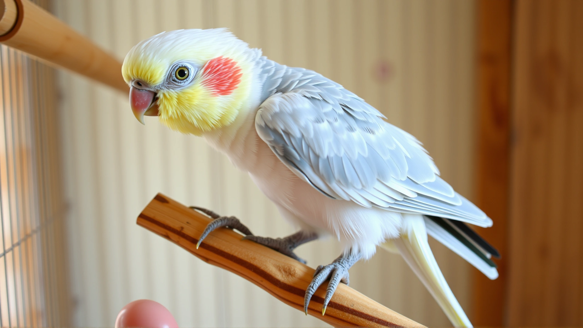 A cockatiel gently stepping down from a hand onto a wooden perch inside a cozy cage