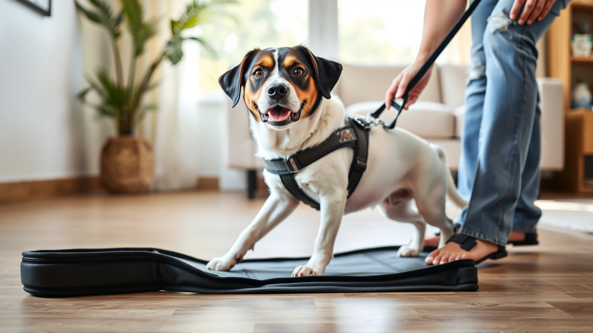 Dog stepping into a step-in harness laid flat on the floor while the owner guides its paws, bright living room