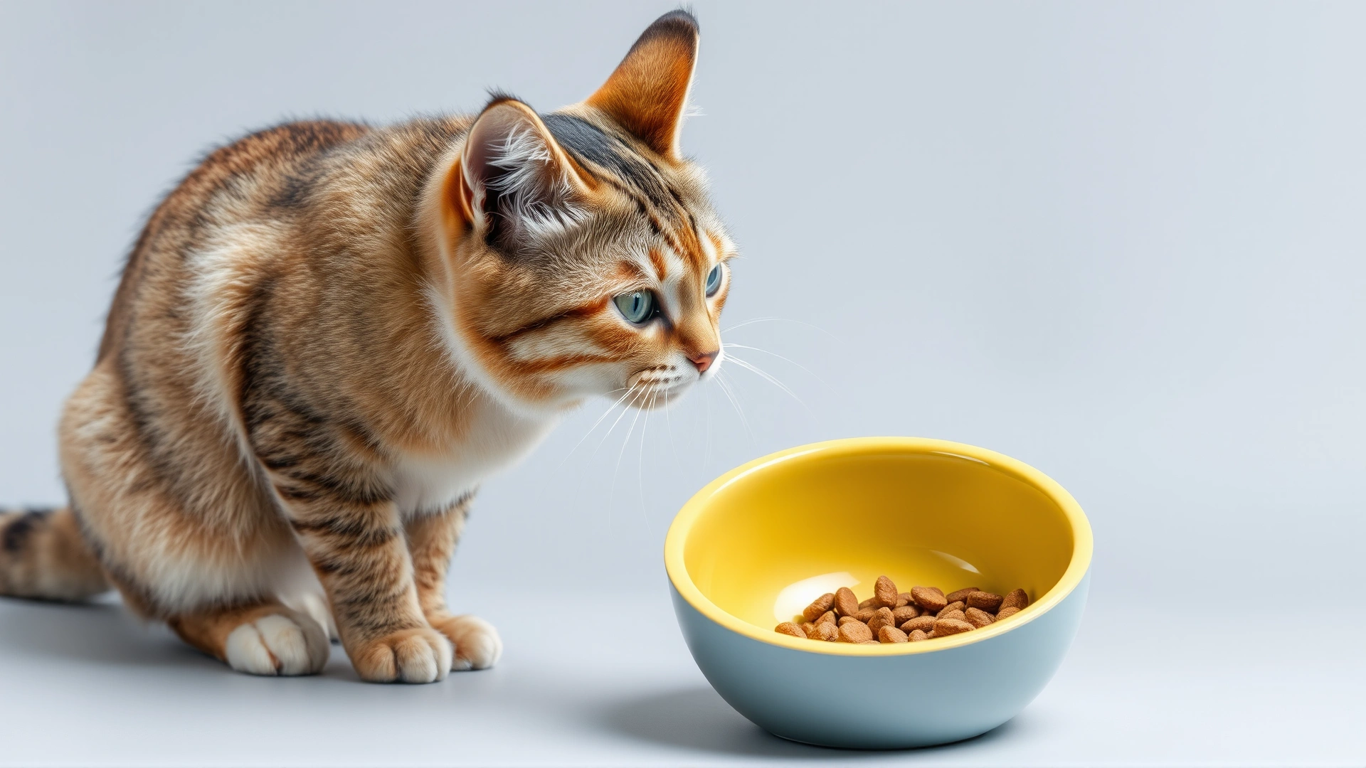 A cautious adult cat sniffing a new slow feeder bowl placed next to its regular bowl, illustrating gradual introduction
